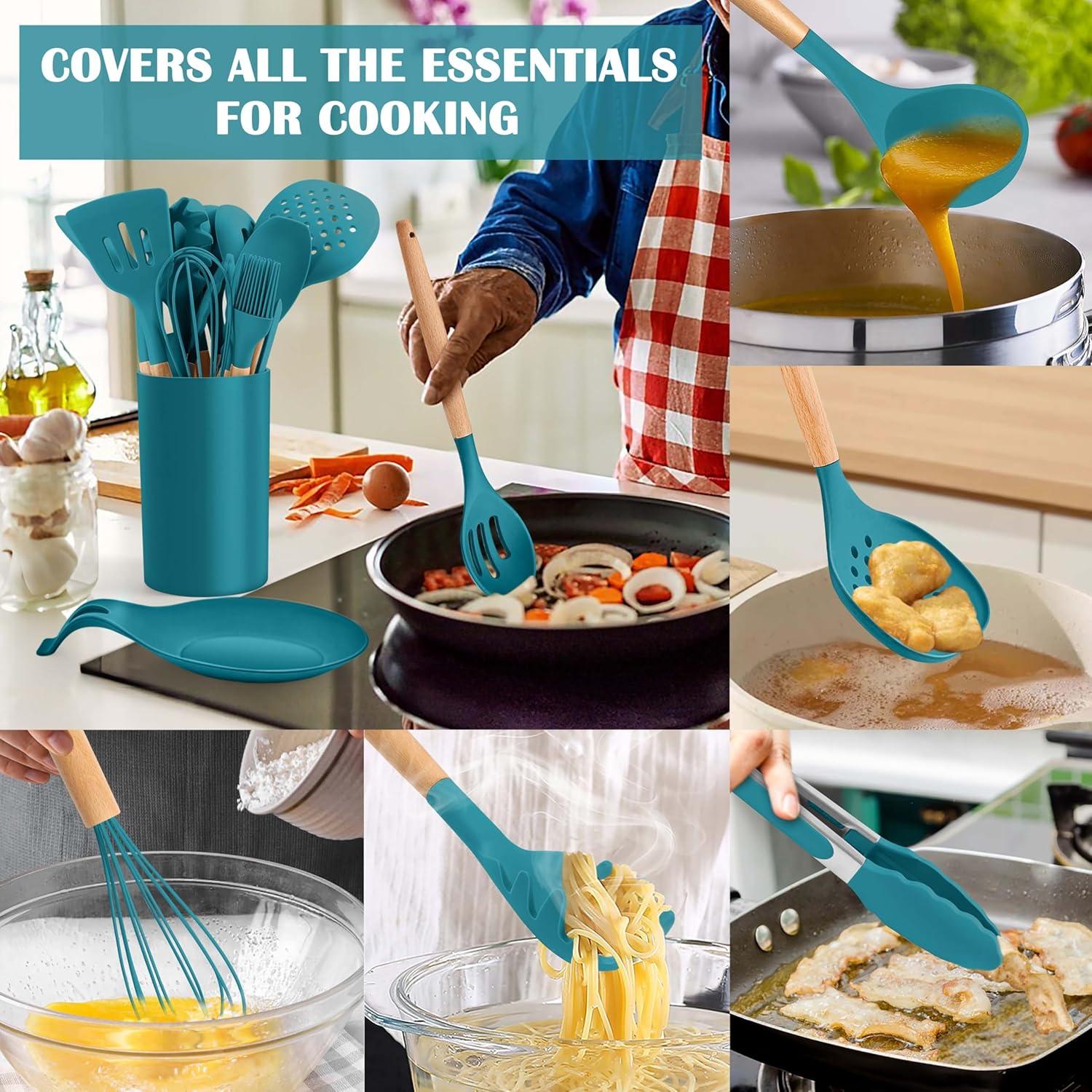 imageEfar Silicone Cooking Utensils Set 10Piece Heat Resistant Kitchen Utensils Set with Wooden Handle for Nonstick Cookware Kitchen Nonstick Tools Spatula Whisk Tongs Ladle Nontoxic amp HealthyKhakiNavy Blue
