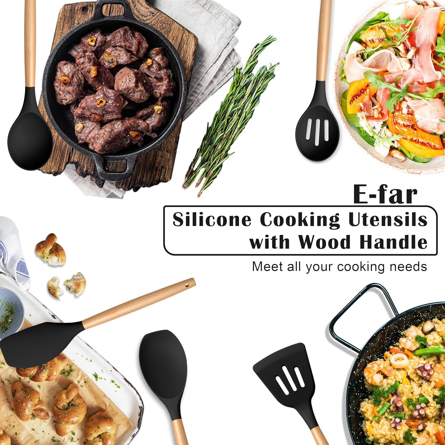 imageEfar Silicone Cooking Utensils Set 10Piece Heat Resistant Kitchen Utensils Set with Wooden Handle for Nonstick Cookware Kitchen Nonstick Tools Spatula Whisk Tongs Ladle Nontoxic amp HealthyKhakiBlack