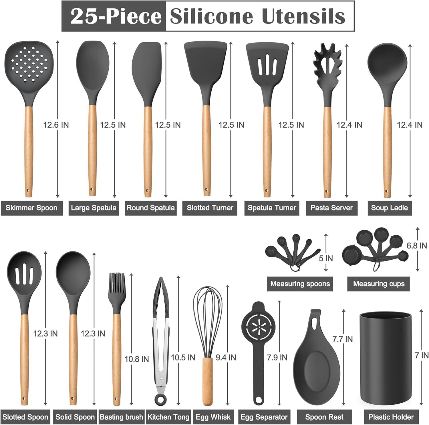 imageEfar Silicone Cooking Utensils Set 10Piece Heat Resistant Kitchen Utensils Set with Wooden Handle for Nonstick Cookware Kitchen Nonstick Tools Spatula Whisk Tongs Ladle Nontoxic amp HealthyKhakiGray