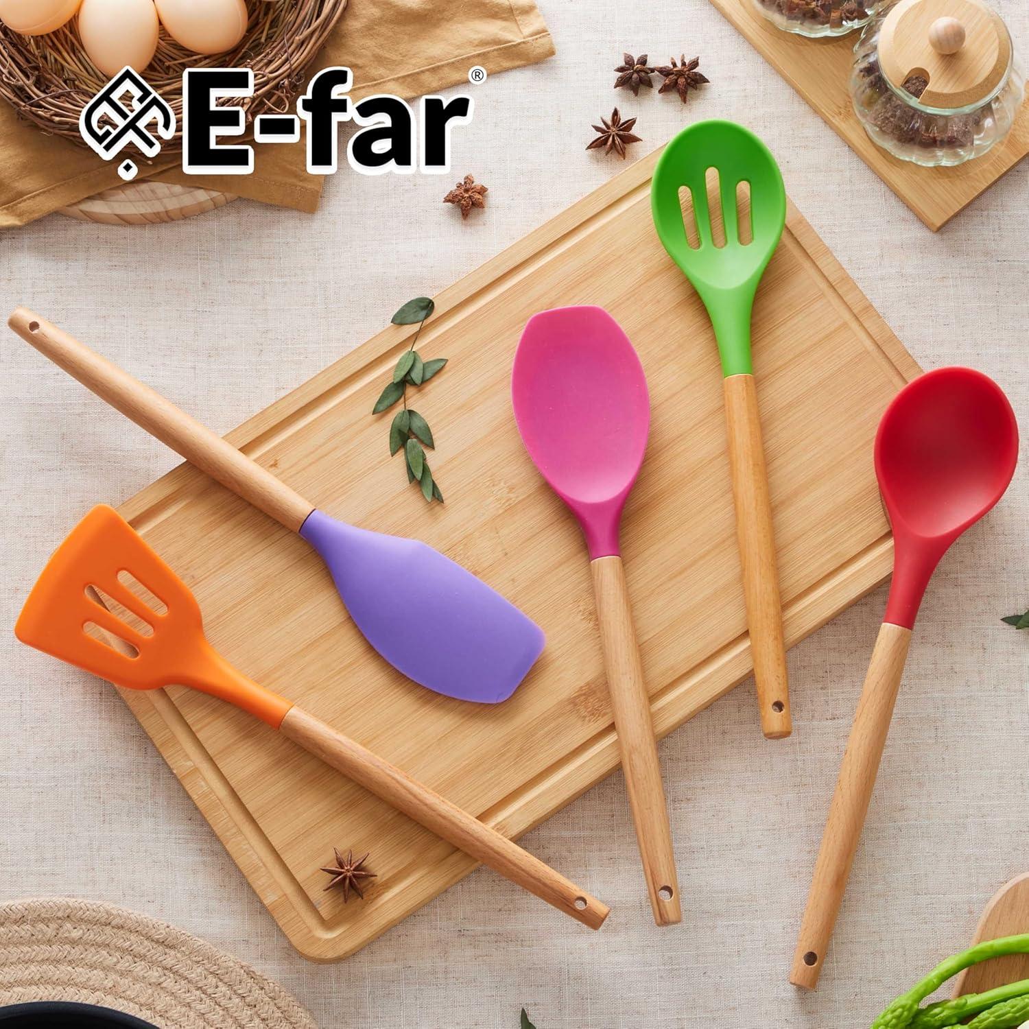 imageEfar Silicone Cooking Utensils Set 10Piece Heat Resistant Kitchen Utensils Set with Wooden Handle for Nonstick Cookware Kitchen Nonstick Tools Spatula Whisk Tongs Ladle Nontoxic amp HealthyKhakiMulticolor
