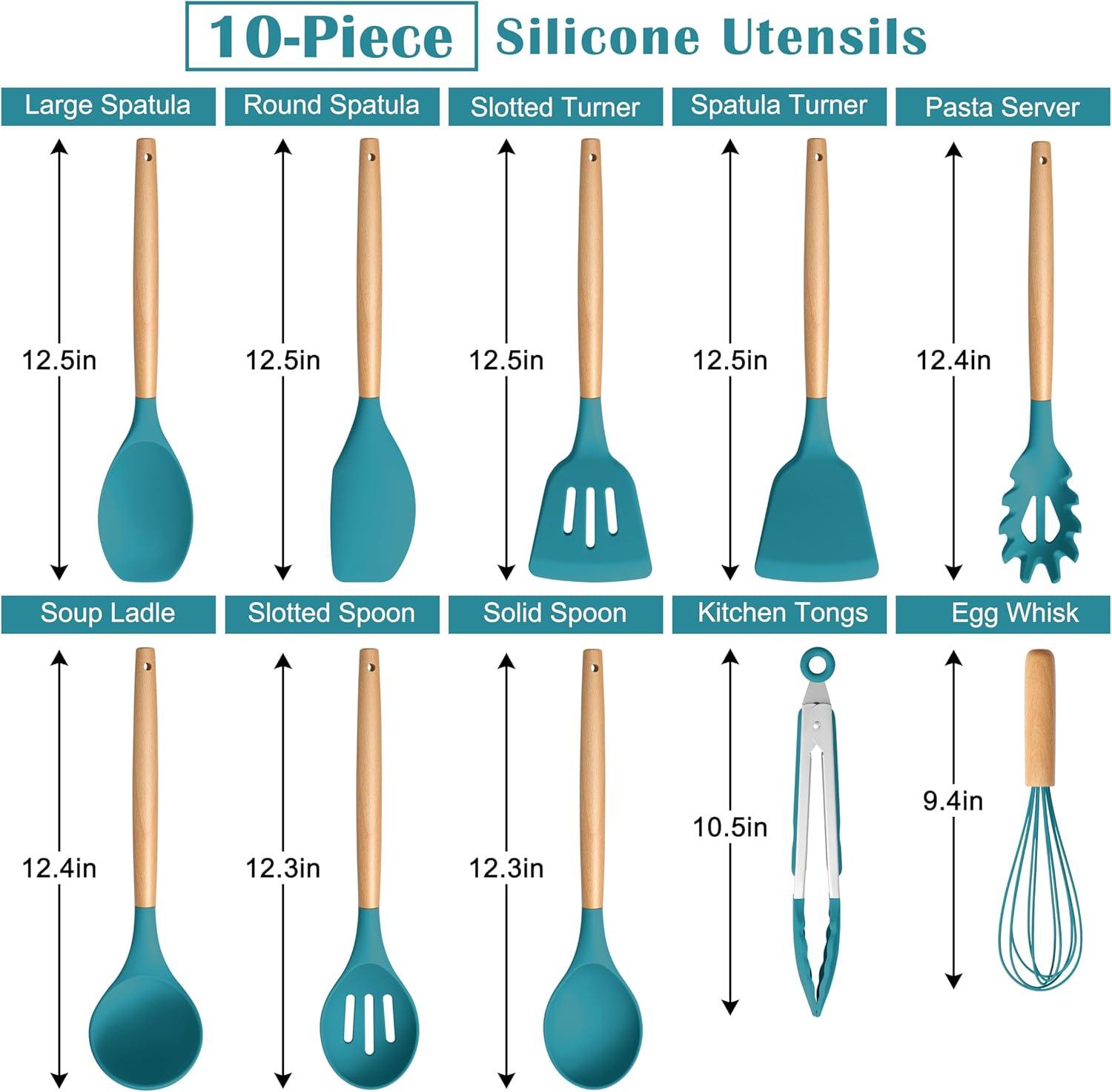 imageEfar Silicone Cooking Utensils Set 10Piece Heat Resistant Kitchen Utensils Set with Wooden Handle for Nonstick Cookware Kitchen Nonstick Tools Spatula Whisk Tongs Ladle Nontoxic amp HealthyKhakiNavy Blue