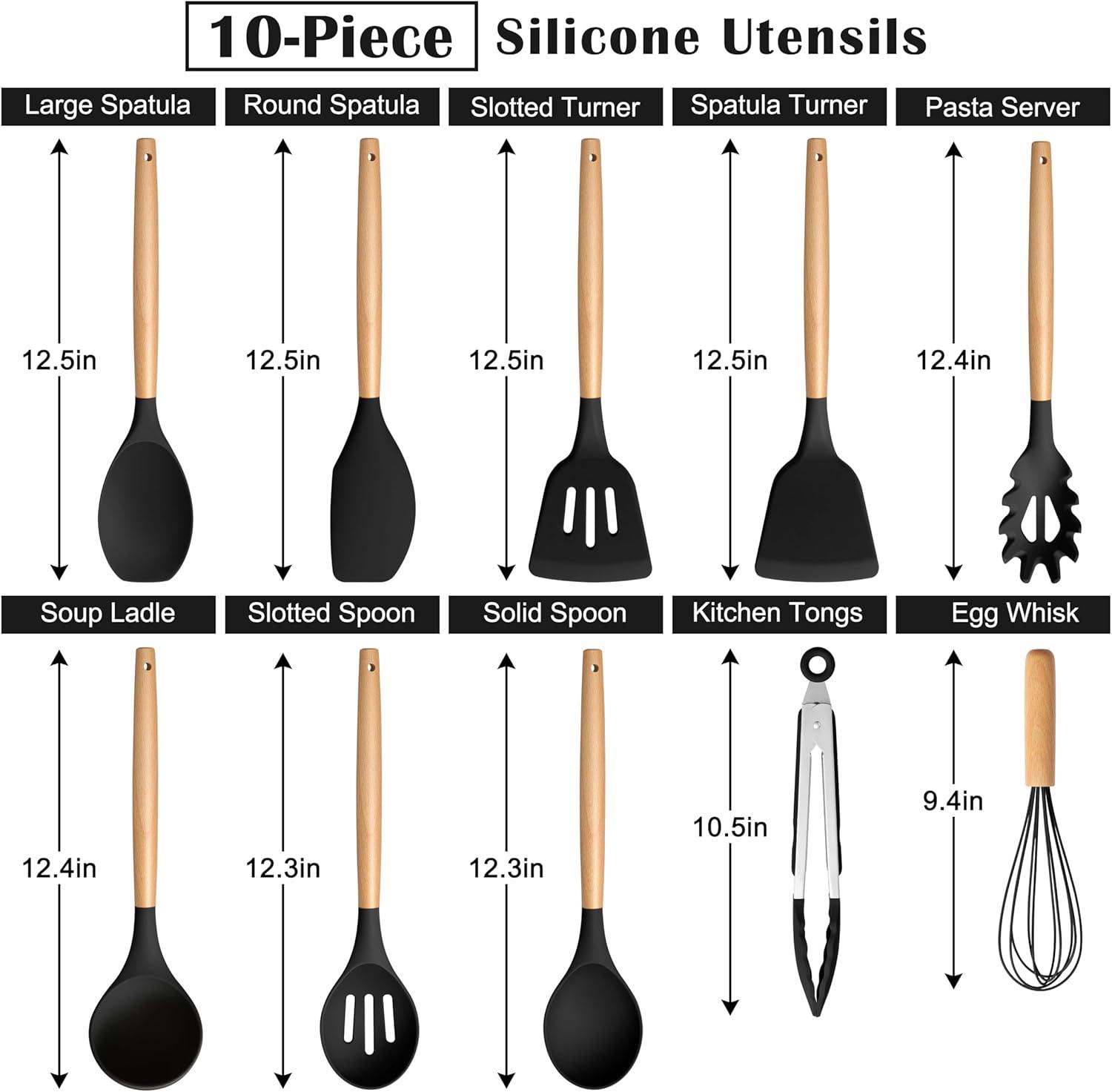 imageEfar Silicone Cooking Utensils Set 10Piece Heat Resistant Kitchen Utensils Set with Wooden Handle for Nonstick Cookware Kitchen Nonstick Tools Spatula Whisk Tongs Ladle Nontoxic amp HealthyKhakiBlack