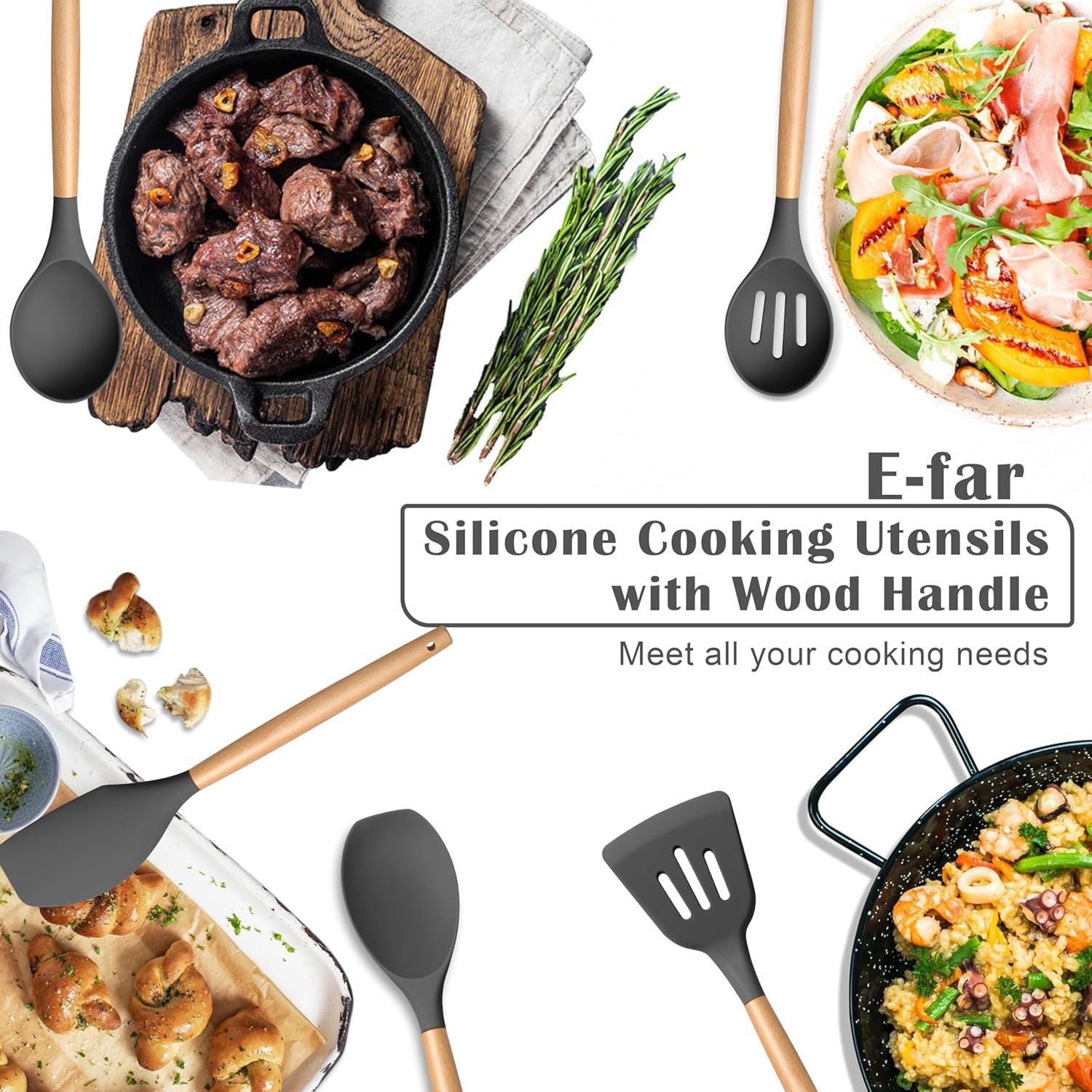 imageEfar Silicone Cooking Utensils Set 10Piece Heat Resistant Kitchen Utensils Set with Wooden Handle for Nonstick Cookware Kitchen Nonstick Tools Spatula Whisk Tongs Ladle Nontoxic amp HealthyKhakiGray