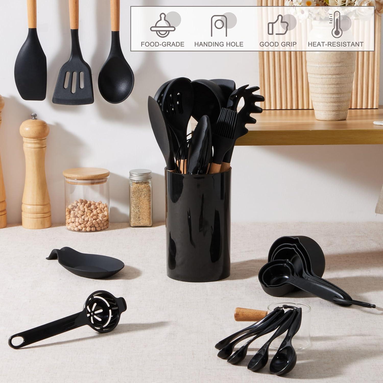 imageEfar Silicone Cooking Utensils Set 10Piece Heat Resistant Kitchen Utensils Set with Wooden Handle for Nonstick Cookware Kitchen Nonstick Tools Spatula Whisk Tongs Ladle Nontoxic amp HealthyKhakiBlack