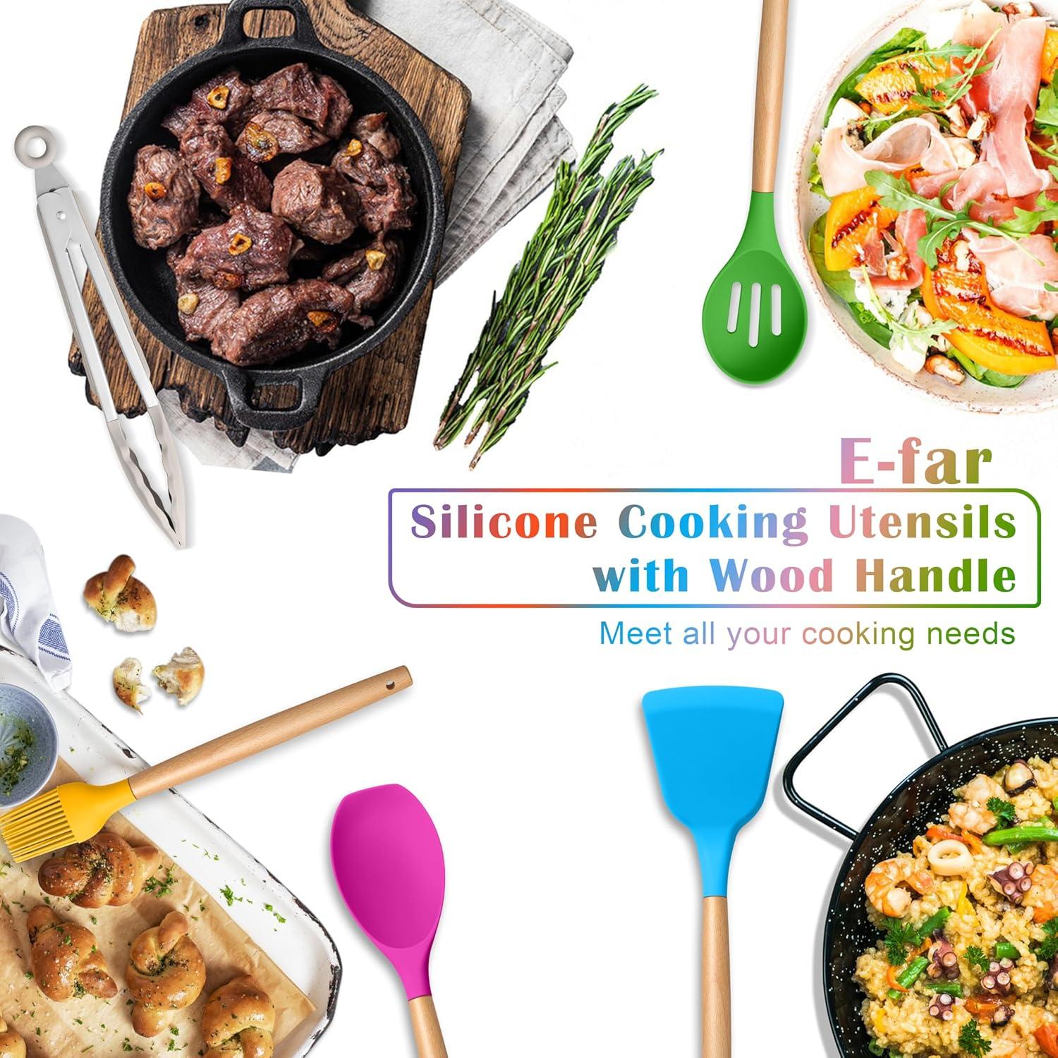 imageEfar Silicone Cooking Utensils Set 10Piece Heat Resistant Kitchen Utensils Set with Wooden Handle for Nonstick Cookware Kitchen Nonstick Tools Spatula Whisk Tongs Ladle Nontoxic amp HealthyKhakiMulticolor