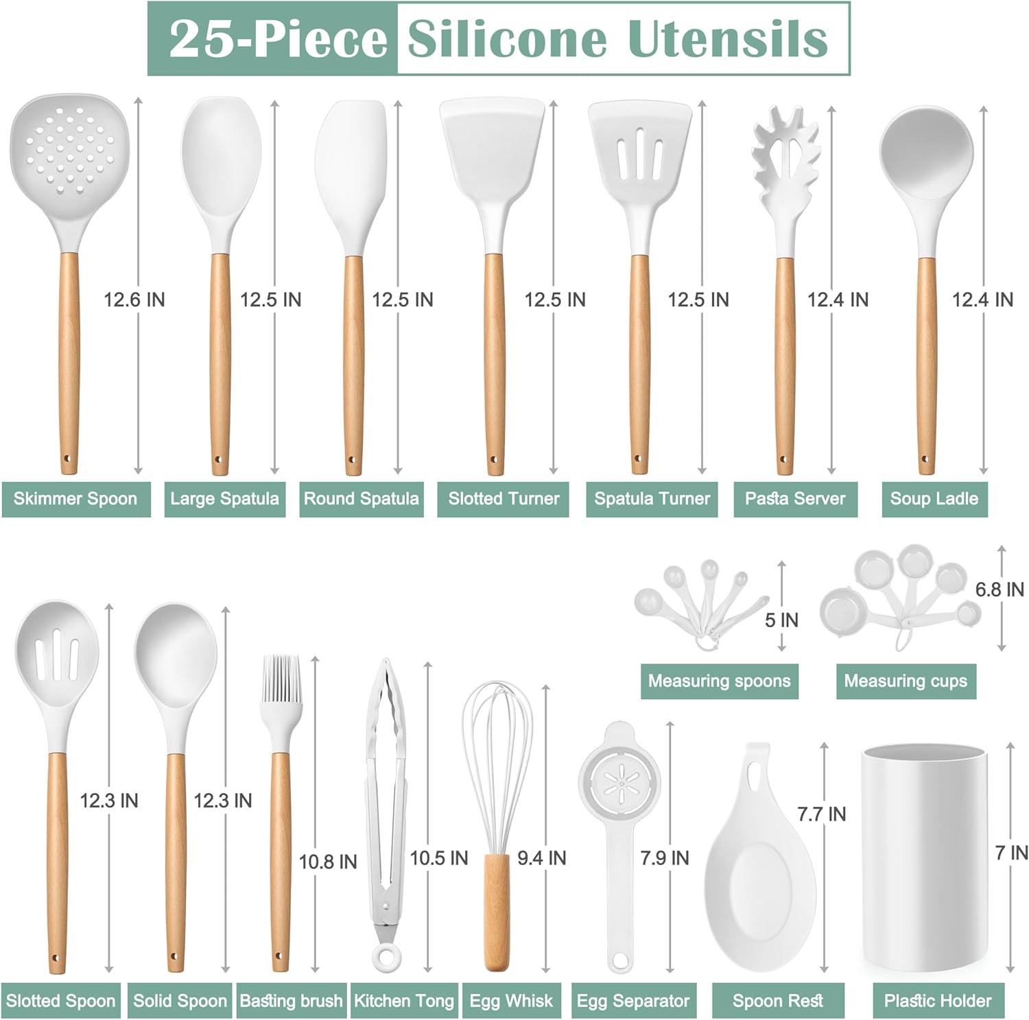 imageEfar Silicone Cooking Utensils Set 10Piece Heat Resistant Kitchen Utensils Set with Wooden Handle for Nonstick Cookware Kitchen Nonstick Tools Spatula Whisk Tongs Ladle Nontoxic amp HealthyKhakiWhite