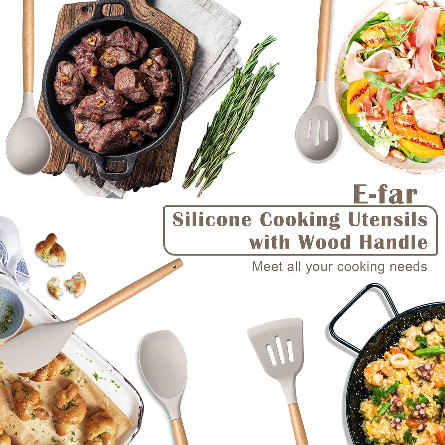 imageEfar Silicone Cooking Utensils Set 10Piece Heat Resistant Kitchen Utensils Set with Wooden Handle for Nonstick Cookware Kitchen Nonstick Tools Spatula Whisk Tongs Ladle Nontoxic amp HealthyKhakiKhaki