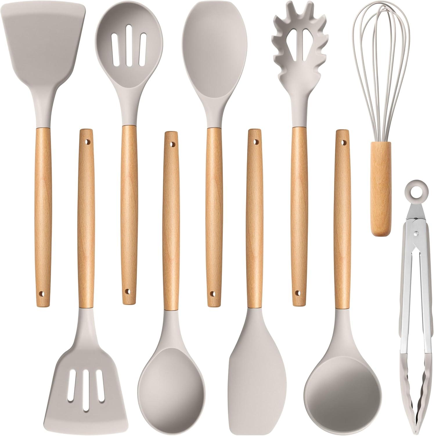 imageEfar Silicone Cooking Utensils Set 10Piece Heat Resistant Kitchen Utensils Set with Wooden Handle for Nonstick Cookware Kitchen Nonstick Tools Spatula Whisk Tongs Ladle Nontoxic amp HealthyKhakiKhaki