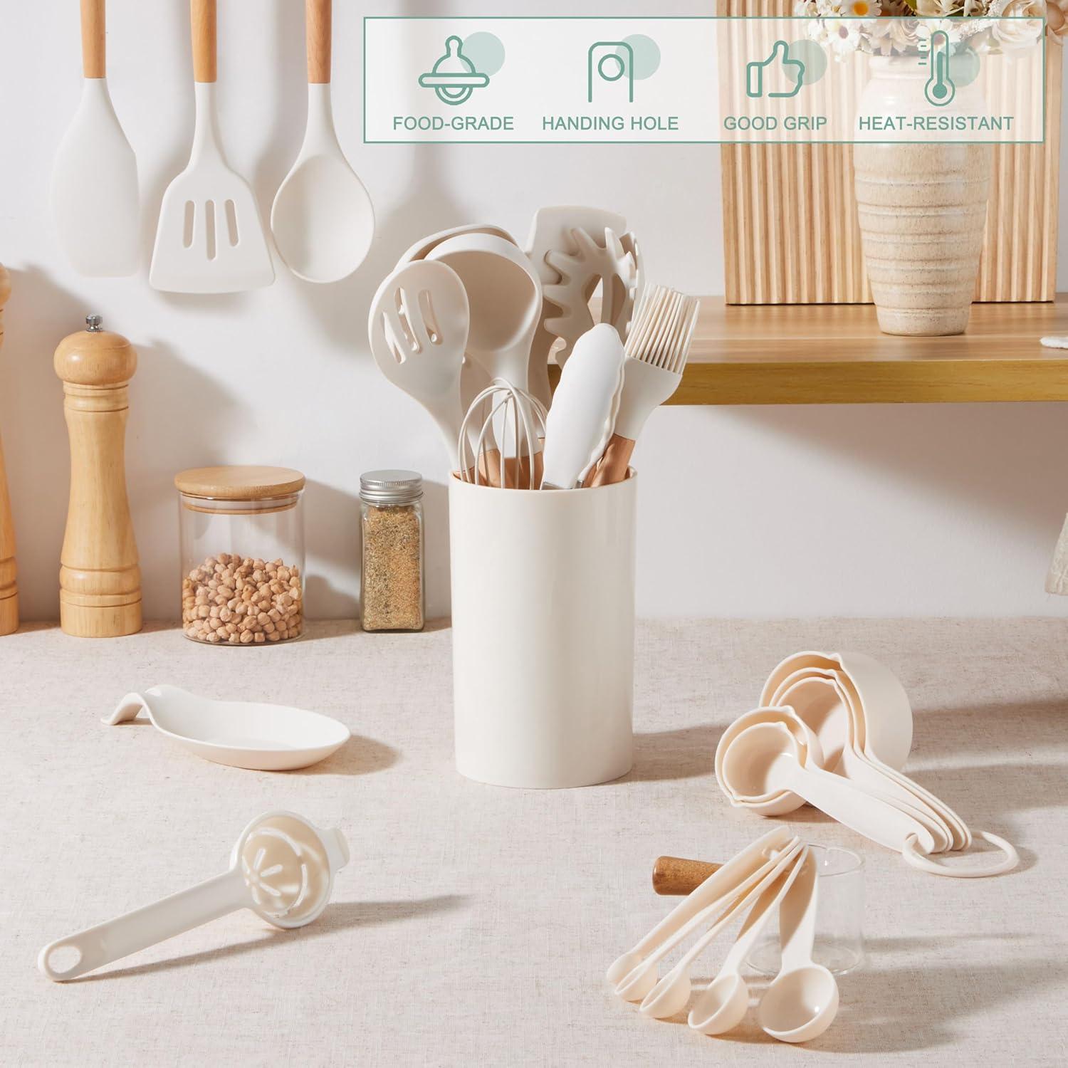 imageEfar Silicone Cooking Utensils Set 10Piece Heat Resistant Kitchen Utensils Set with Wooden Handle for Nonstick Cookware Kitchen Nonstick Tools Spatula Whisk Tongs Ladle Nontoxic amp HealthyKhakiWhite