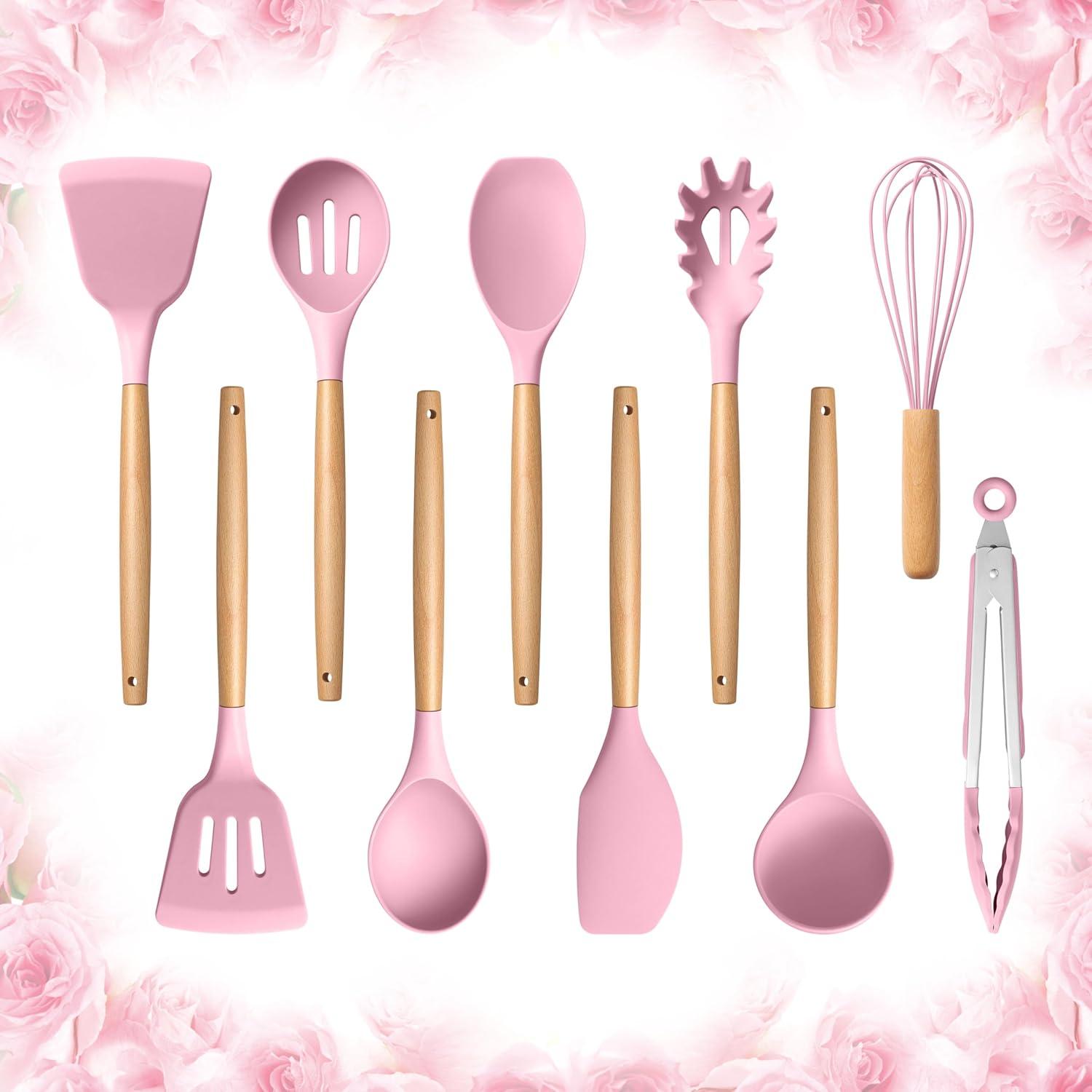 imageEfar Silicone Cooking Utensils Set 10Piece Heat Resistant Kitchen Utensils Set with Wooden Handle for Nonstick Cookware Kitchen Nonstick Tools Spatula Whisk Tongs Ladle Nontoxic amp HealthyKhakiPink