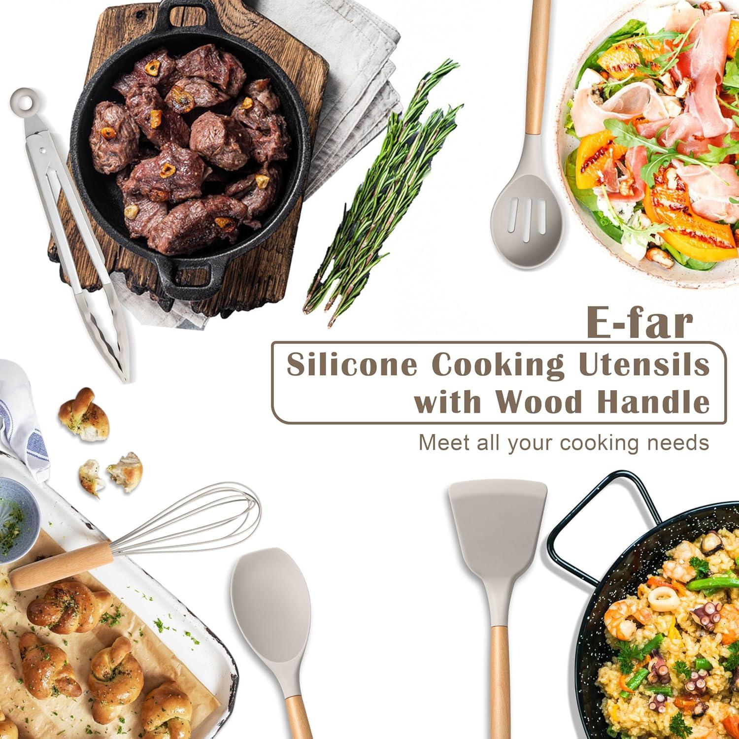imageEfar Silicone Cooking Utensils Set 10Piece Heat Resistant Kitchen Utensils Set with Wooden Handle for Nonstick Cookware Kitchen Nonstick Tools Spatula Whisk Tongs Ladle Nontoxic amp HealthyKhakiKhaki