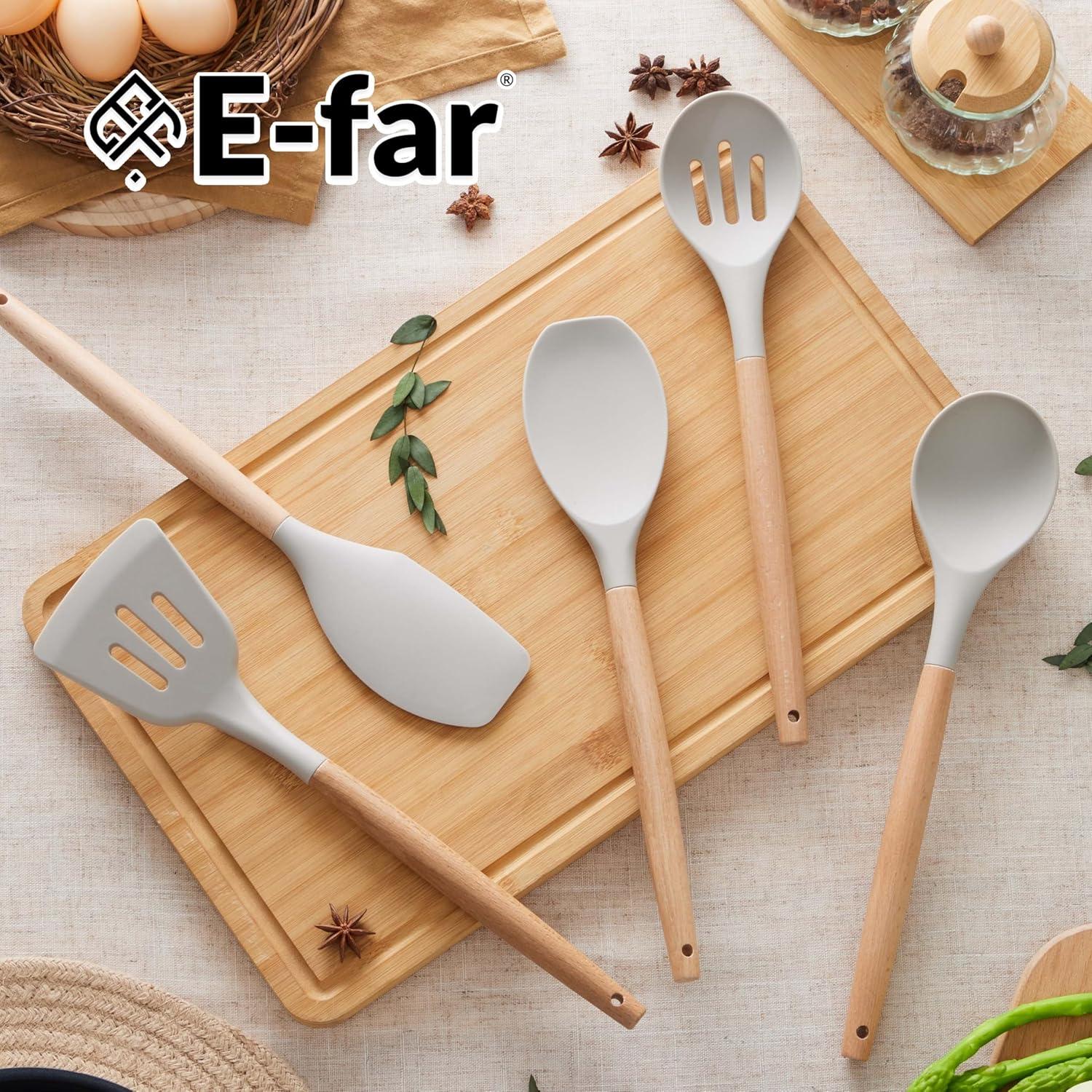 imageEfar Silicone Cooking Utensils Set 10Piece Heat Resistant Kitchen Utensils Set with Wooden Handle for Nonstick Cookware Kitchen Nonstick Tools Spatula Whisk Tongs Ladle Nontoxic amp HealthyKhakiKhaki