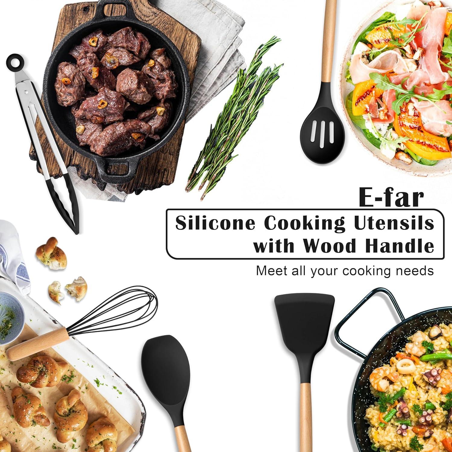 imageEfar Silicone Cooking Utensils Set 10Piece Heat Resistant Kitchen Utensils Set with Wooden Handle for Nonstick Cookware Kitchen Nonstick Tools Spatula Whisk Tongs Ladle Nontoxic amp HealthyKhakiBlack