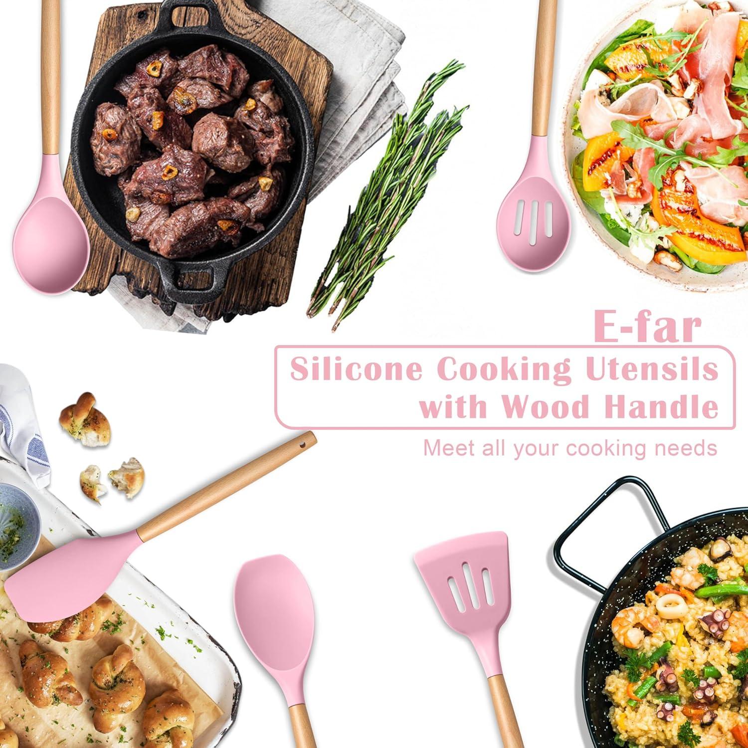 imageEfar Silicone Cooking Utensils Set 10Piece Heat Resistant Kitchen Utensils Set with Wooden Handle for Nonstick Cookware Kitchen Nonstick Tools Spatula Whisk Tongs Ladle Nontoxic amp HealthyKhakiPink