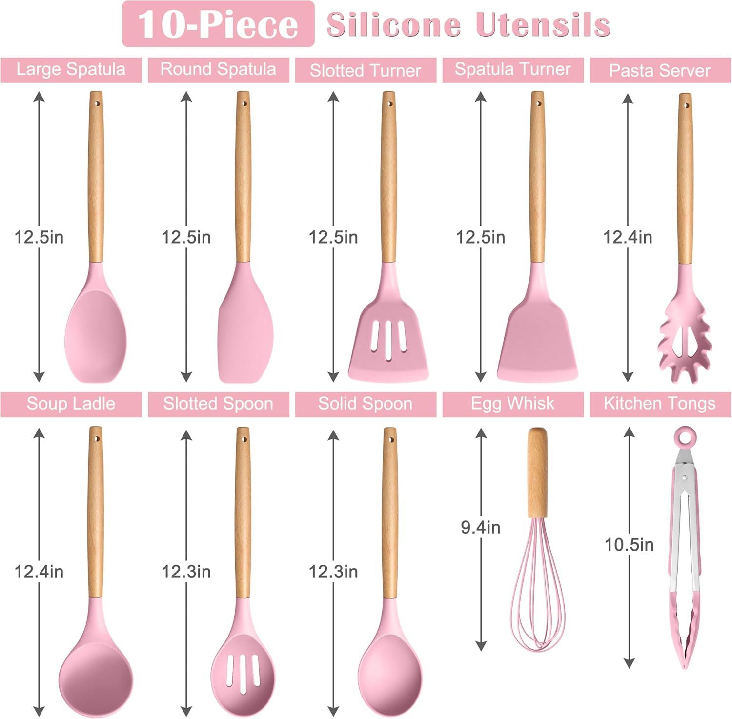 imageEfar Silicone Cooking Utensils Set 10Piece Heat Resistant Kitchen Utensils Set with Wooden Handle for Nonstick Cookware Kitchen Nonstick Tools Spatula Whisk Tongs Ladle Nontoxic amp HealthyKhakiPink