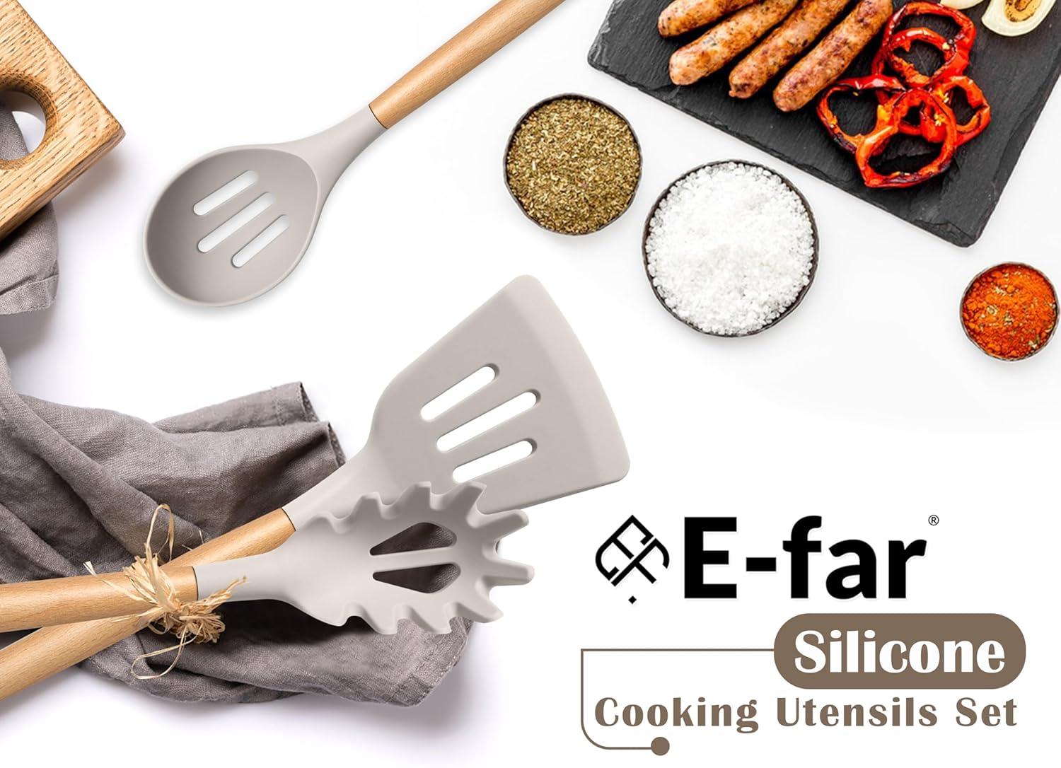 imageEfar Silicone Cooking Utensils Set 10Piece Heat Resistant Kitchen Utensils Set with Wooden Handle for Nonstick Cookware Kitchen Nonstick Tools Spatula Whisk Tongs Ladle Nontoxic amp HealthyKhakiKhaki