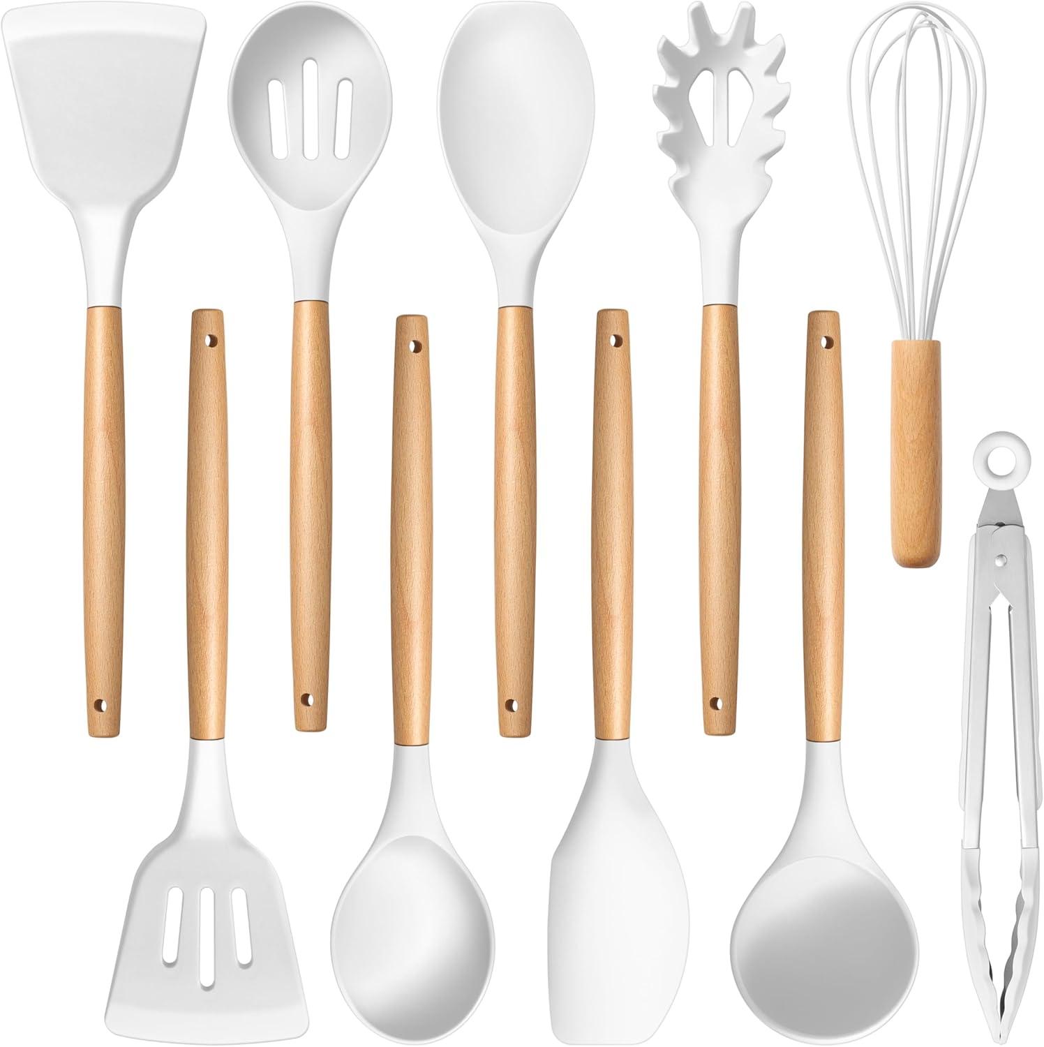 imageEfar Silicone Cooking Utensils Set 10Piece Heat Resistant Kitchen Utensils Set with Wooden Handle for Nonstick Cookware Kitchen Nonstick Tools Spatula Whisk Tongs Ladle Nontoxic amp HealthyKhakiWhite