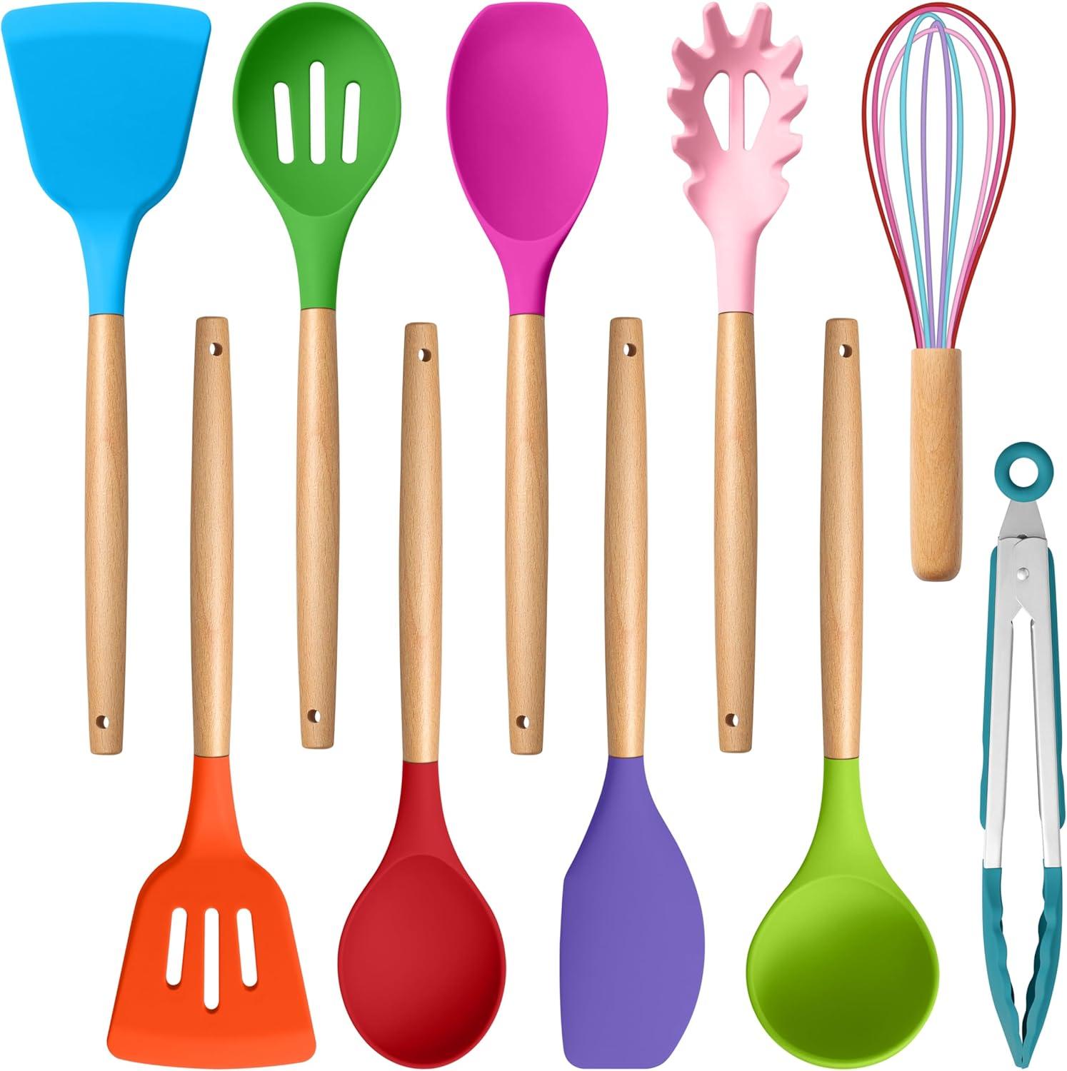 imageEfar Silicone Cooking Utensils Set 10Piece Heat Resistant Kitchen Utensils Set with Wooden Handle for Nonstick Cookware Kitchen Nonstick Tools Spatula Whisk Tongs Ladle Nontoxic amp HealthyKhakiMulticolor