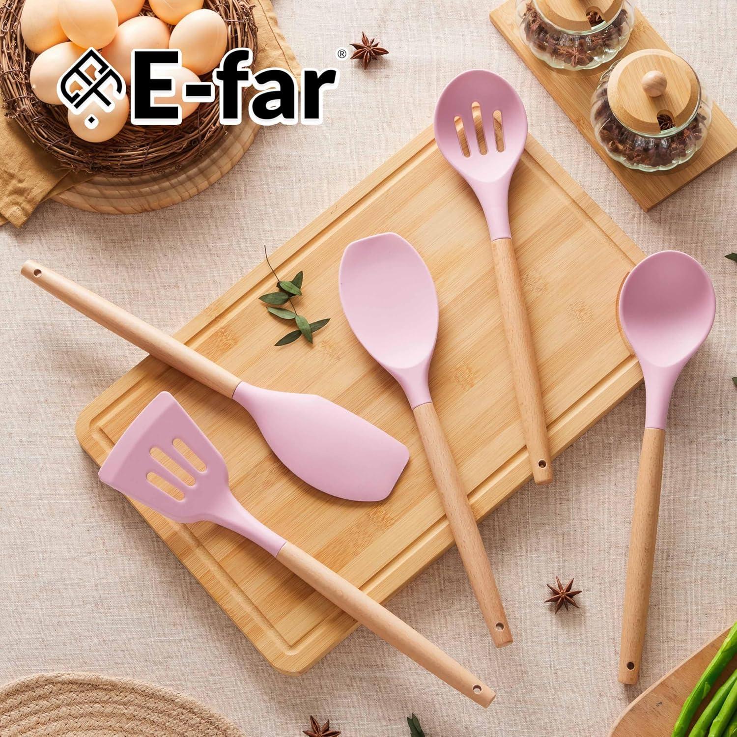 imageEfar Silicone Cooking Utensils Set 10Piece Heat Resistant Kitchen Utensils Set with Wooden Handle for Nonstick Cookware Kitchen Nonstick Tools Spatula Whisk Tongs Ladle Nontoxic amp HealthyKhakiPink