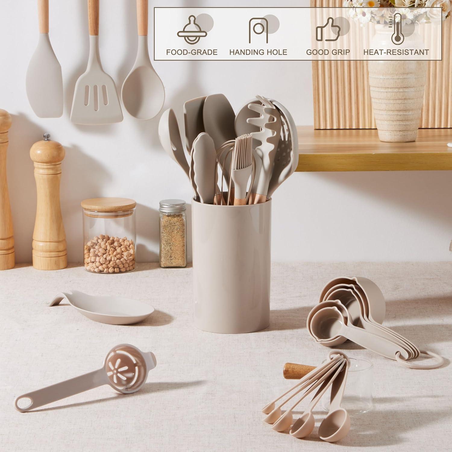 imageEfar Silicone Cooking Utensils Set 10Piece Heat Resistant Kitchen Utensils Set with Wooden Handle for Nonstick Cookware Kitchen Nonstick Tools Spatula Whisk Tongs Ladle Nontoxic amp HealthyKhakiKhaki