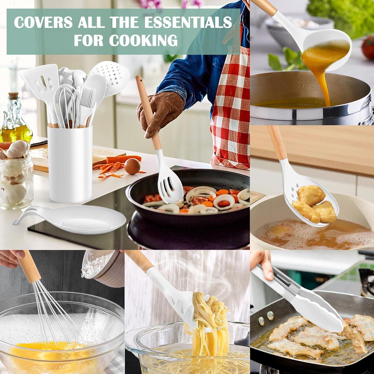 imageEfar Silicone Cooking Utensils Set 10Piece Heat Resistant Kitchen Utensils Set with Wooden Handle for Nonstick Cookware Kitchen Nonstick Tools Spatula Whisk Tongs Ladle Nontoxic amp HealthyKhakiWhite