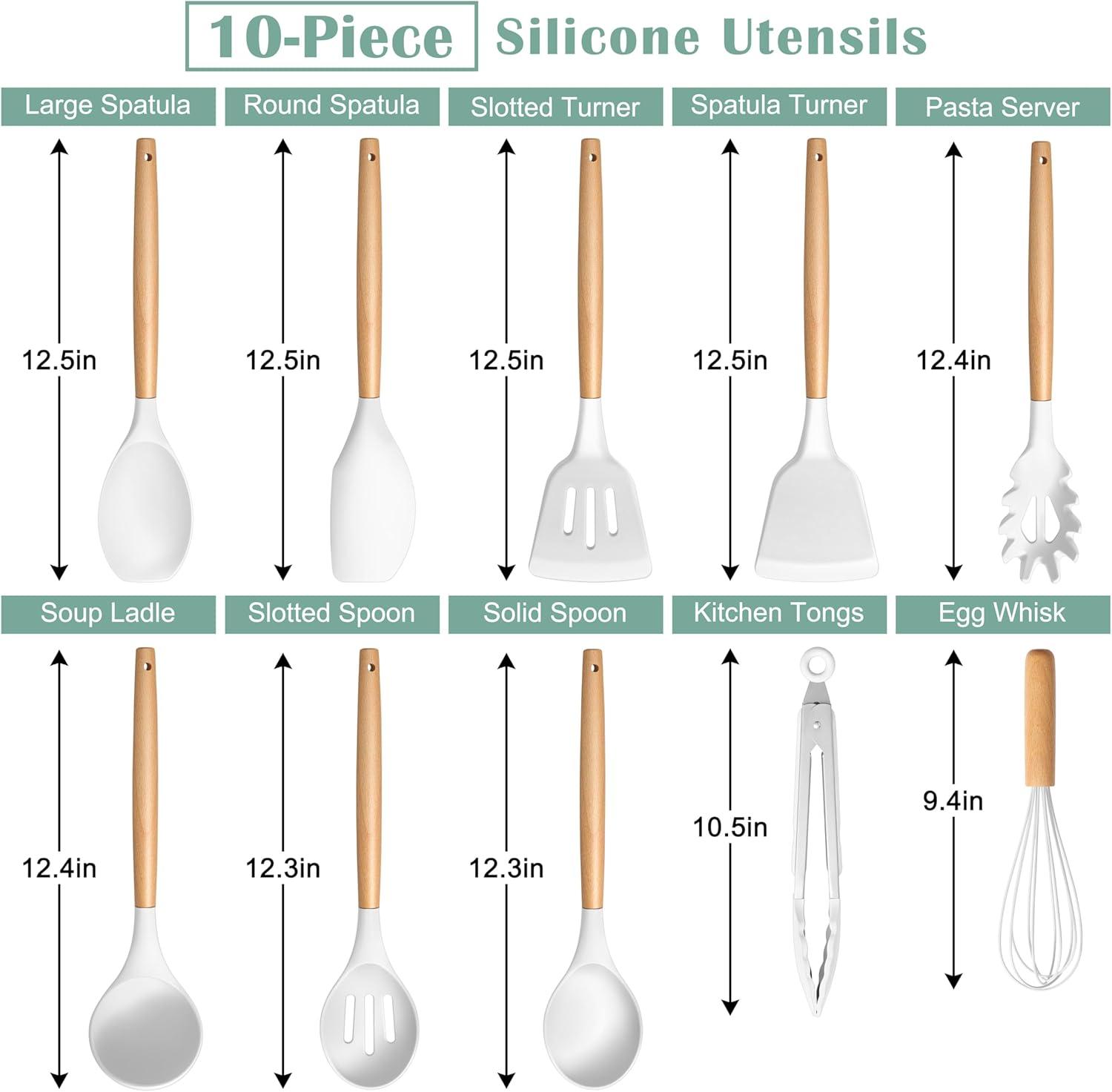 imageEfar Silicone Cooking Utensils Set 10Piece Heat Resistant Kitchen Utensils Set with Wooden Handle for Nonstick Cookware Kitchen Nonstick Tools Spatula Whisk Tongs Ladle Nontoxic amp HealthyKhakiWhite
