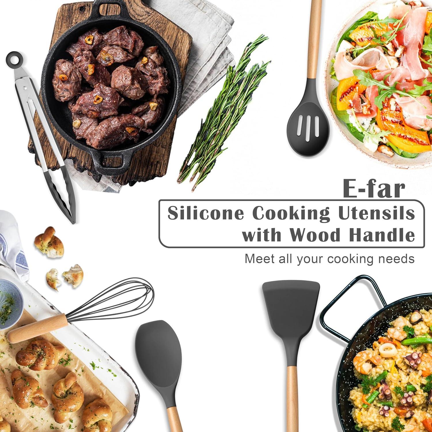 imageEfar Silicone Cooking Utensils Set 10Piece Heat Resistant Kitchen Utensils Set with Wooden Handle for Nonstick Cookware Kitchen Nonstick Tools Spatula Whisk Tongs Ladle Nontoxic amp HealthyKhakiGray
