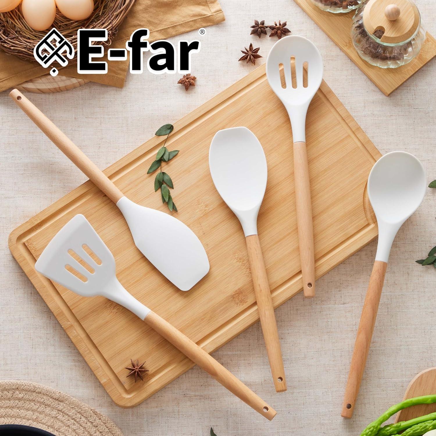 imageEfar Silicone Cooking Utensils Set 10Piece Heat Resistant Kitchen Utensils Set with Wooden Handle for Nonstick Cookware Kitchen Nonstick Tools Spatula Whisk Tongs Ladle Nontoxic amp HealthyKhakiWhite