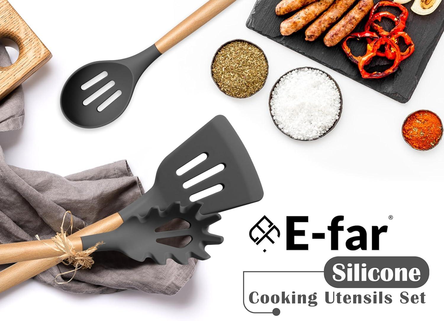 imageEfar Silicone Cooking Utensils Set 10Piece Heat Resistant Kitchen Utensils Set with Wooden Handle for Nonstick Cookware Kitchen Nonstick Tools Spatula Whisk Tongs Ladle Nontoxic amp HealthyKhakiGray
