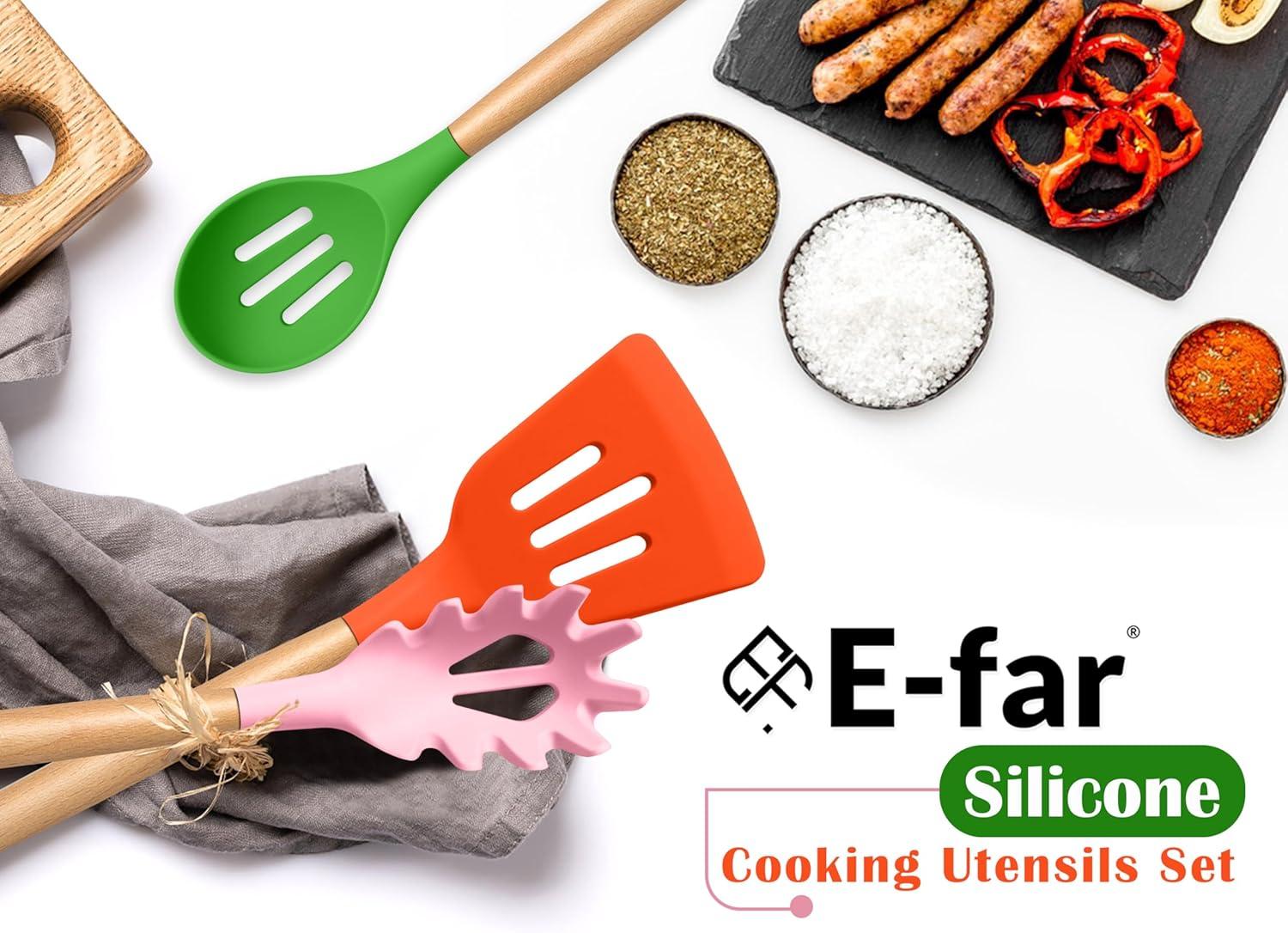 imageEfar Silicone Cooking Utensils Set 10Piece Heat Resistant Kitchen Utensils Set with Wooden Handle for Nonstick Cookware Kitchen Nonstick Tools Spatula Whisk Tongs Ladle Nontoxic amp HealthyKhakiMulticolor