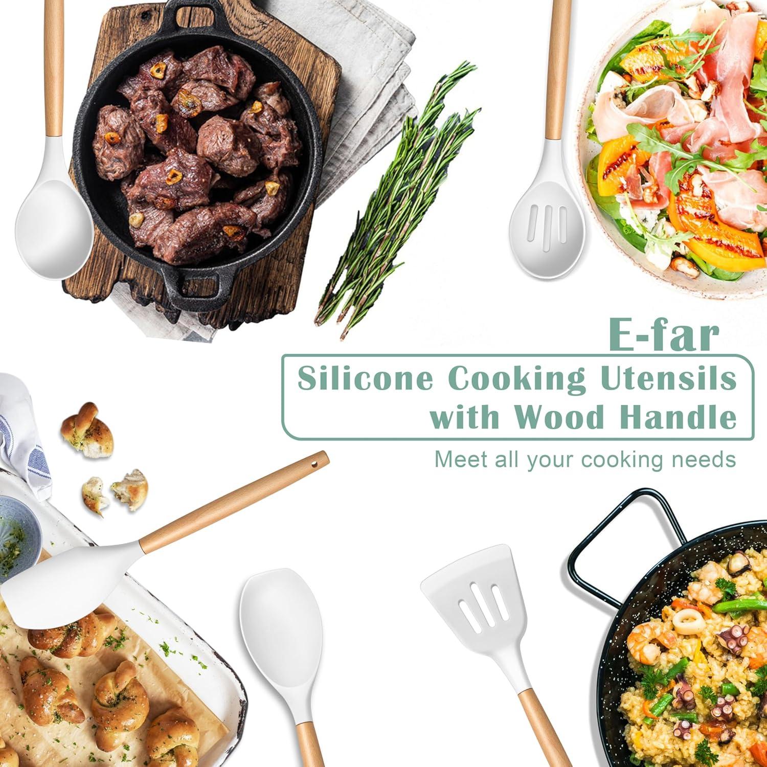 imageEfar Silicone Cooking Utensils Set 10Piece Heat Resistant Kitchen Utensils Set with Wooden Handle for Nonstick Cookware Kitchen Nonstick Tools Spatula Whisk Tongs Ladle Nontoxic amp HealthyKhakiWhite