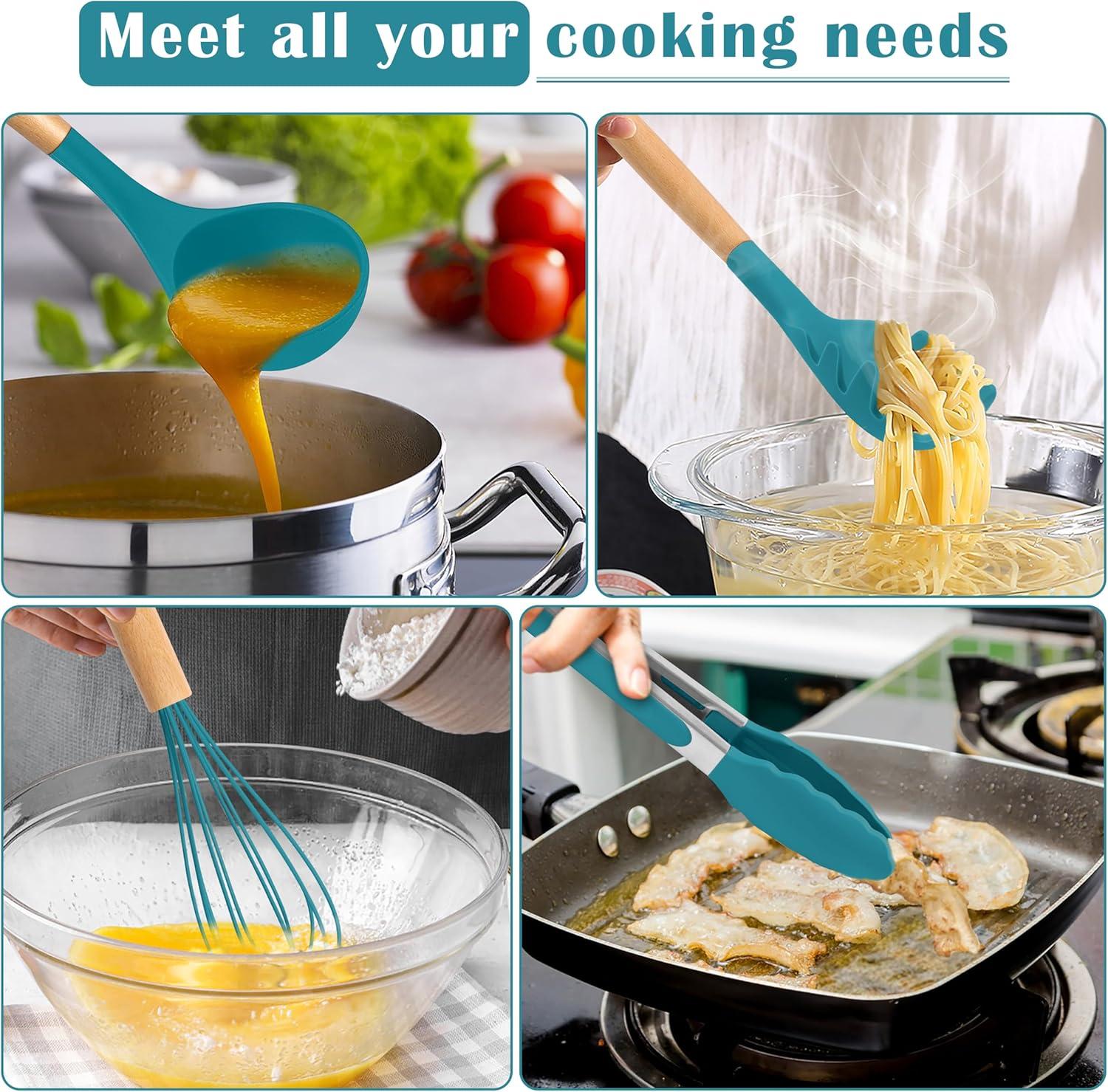 imageEfar Silicone Cooking Utensils Set 10Piece Heat Resistant Kitchen Utensils Set with Wooden Handle for Nonstick Cookware Kitchen Nonstick Tools Spatula Whisk Tongs Ladle Nontoxic amp HealthyKhakiNavy Blue