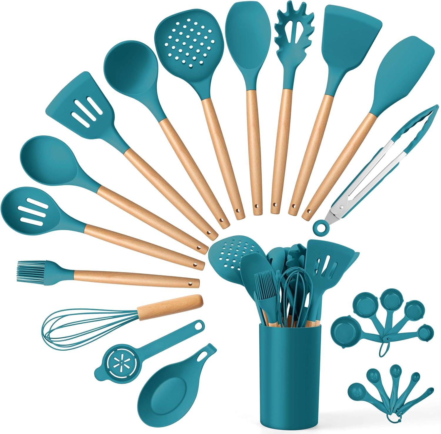 imageEfar Silicone Cooking Utensils Set 10Piece Heat Resistant Kitchen Utensils Set with Wooden Handle for Nonstick Cookware Kitchen Nonstick Tools Spatula Whisk Tongs Ladle Nontoxic amp HealthyKhakiNavy Blue