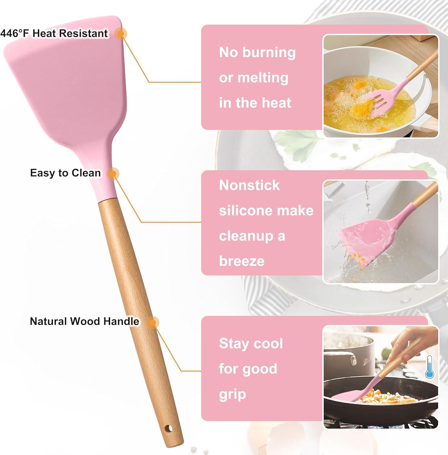 imageEfar Silicone Cooking Utensils Set 10Piece Heat Resistant Kitchen Utensils Set with Wooden Handle for Nonstick Cookware Kitchen Nonstick Tools Spatula Whisk Tongs Ladle Nontoxic amp HealthyKhakiPink