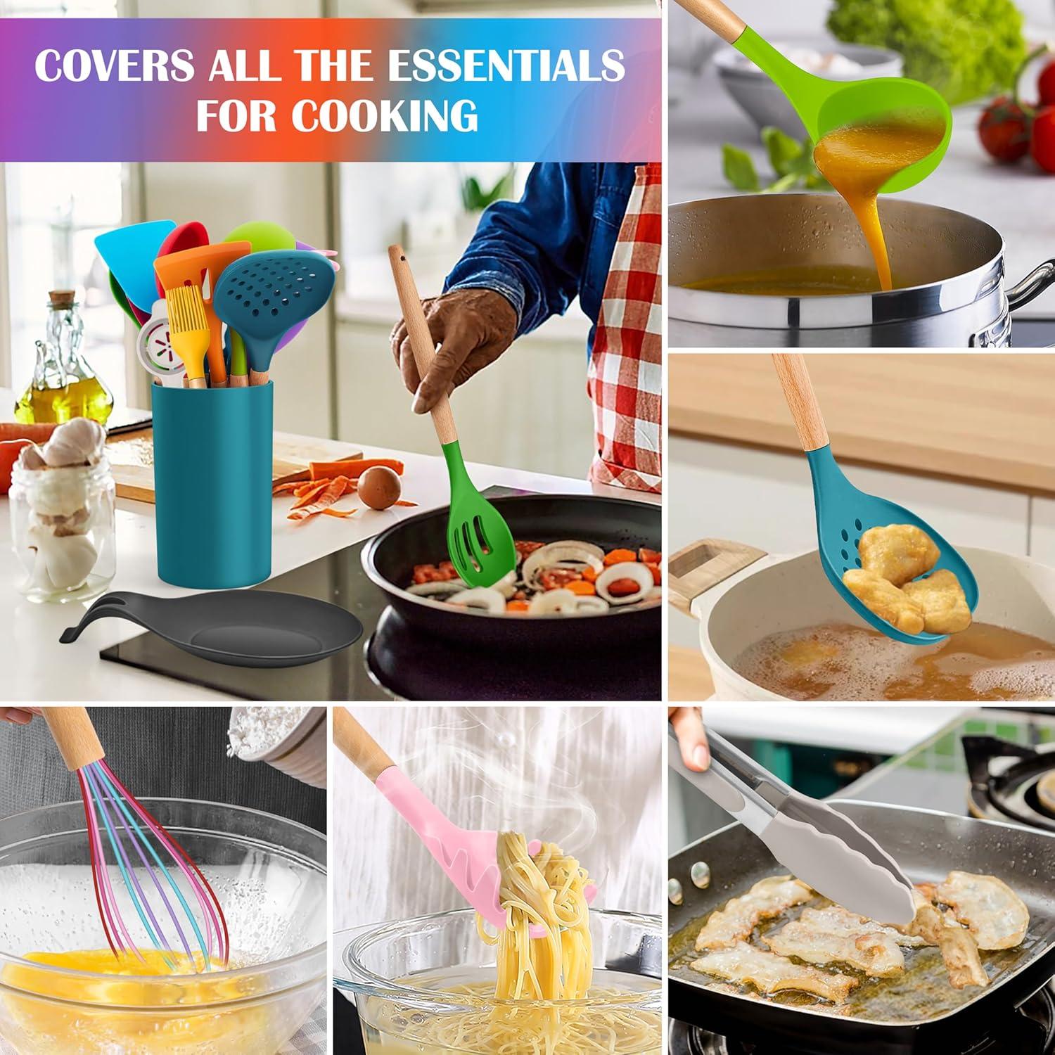 imageEfar Silicone Cooking Utensils Set 10Piece Heat Resistant Kitchen Utensils Set with Wooden Handle for Nonstick Cookware Kitchen Nonstick Tools Spatula Whisk Tongs Ladle Nontoxic amp HealthyKhakiMulticolor