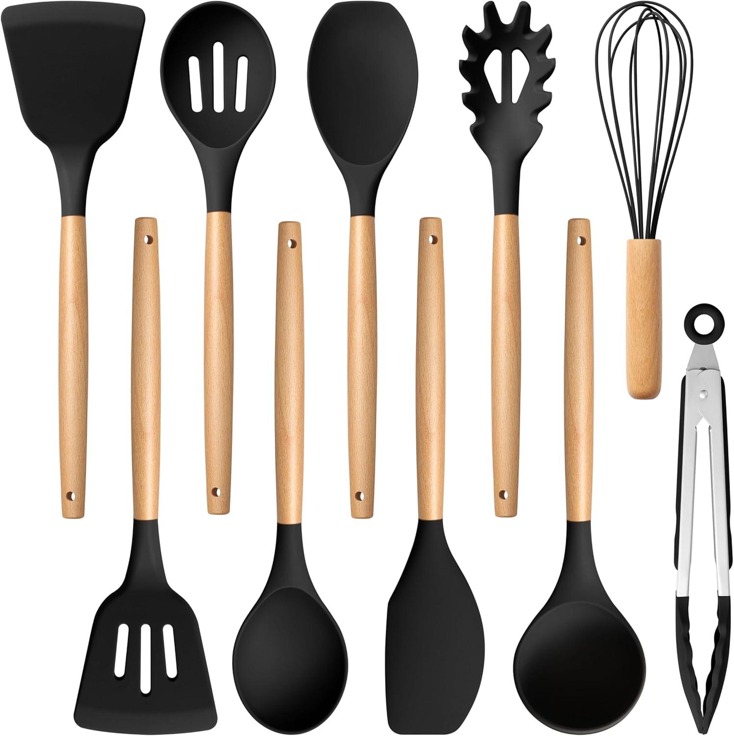imageEfar Silicone Cooking Utensils Set 10Piece Heat Resistant Kitchen Utensils Set with Wooden Handle for Nonstick Cookware Kitchen Nonstick Tools Spatula Whisk Tongs Ladle Nontoxic amp HealthyKhakiBlack