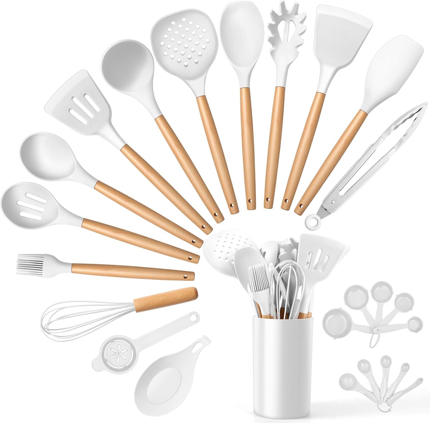 imageEfar Silicone Cooking Utensils Set 10Piece Heat Resistant Kitchen Utensils Set with Wooden Handle for Nonstick Cookware Kitchen Nonstick Tools Spatula Whisk Tongs Ladle Nontoxic amp HealthyKhakiWhite