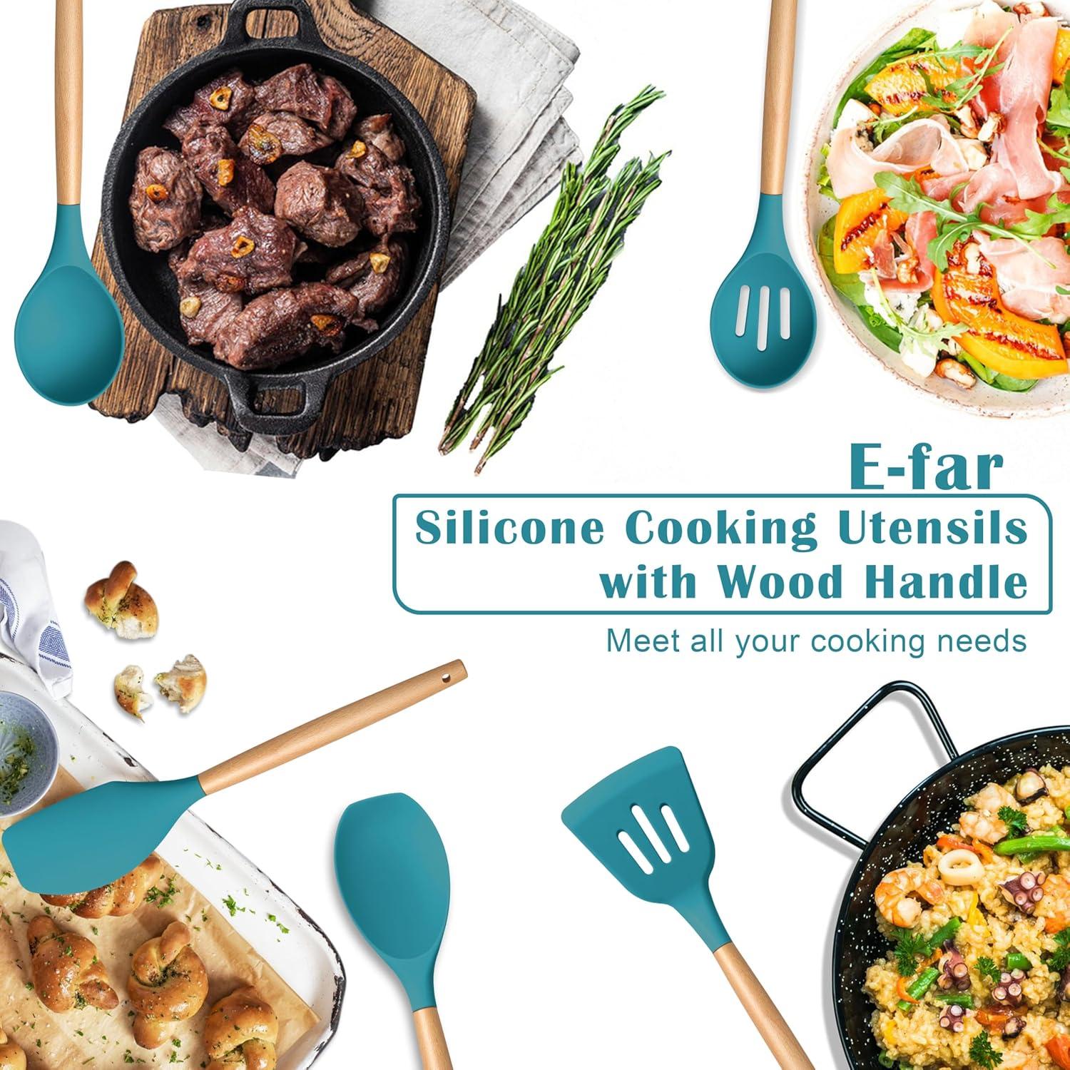 imageEfar Silicone Cooking Utensils Set 10Piece Heat Resistant Kitchen Utensils Set with Wooden Handle for Nonstick Cookware Kitchen Nonstick Tools Spatula Whisk Tongs Ladle Nontoxic amp HealthyKhakiNavy Blue