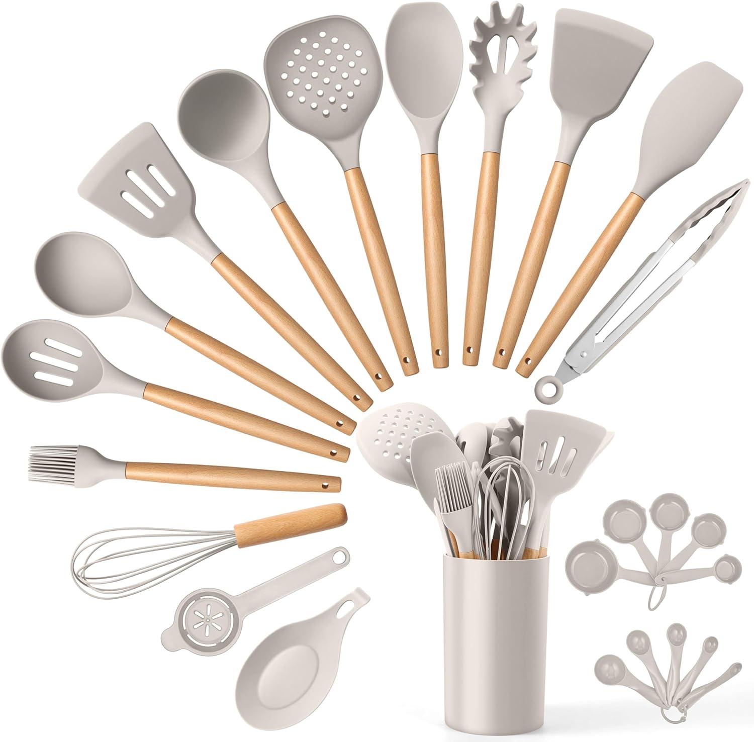 imageEfar Silicone Cooking Utensils Set 10Piece Heat Resistant Kitchen Utensils Set with Wooden Handle for Nonstick Cookware Kitchen Nonstick Tools Spatula Whisk Tongs Ladle Nontoxic amp HealthyKhakiKhaki
