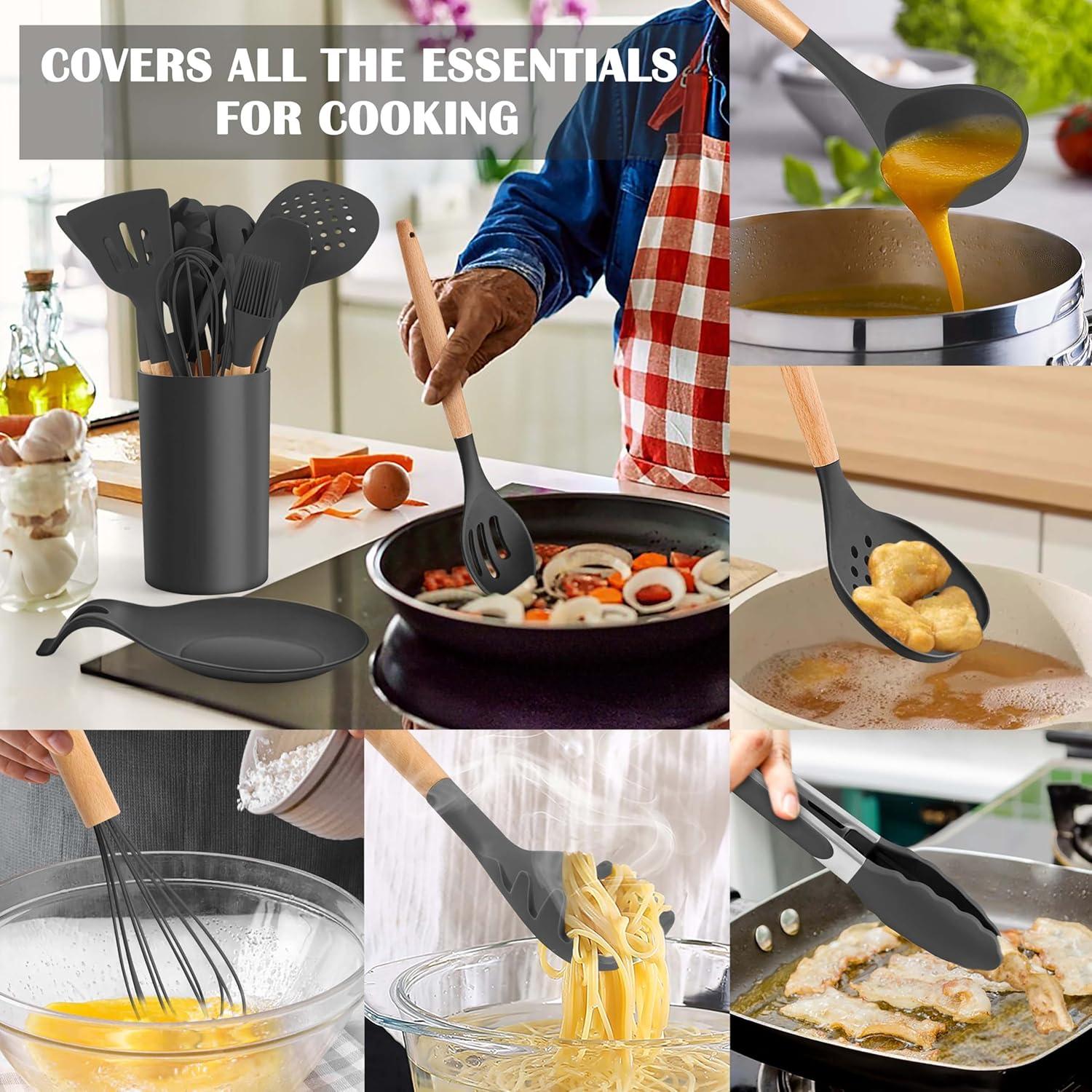 imageEfar Silicone Cooking Utensils Set 10Piece Heat Resistant Kitchen Utensils Set with Wooden Handle for Nonstick Cookware Kitchen Nonstick Tools Spatula Whisk Tongs Ladle Nontoxic amp HealthyKhakiGray