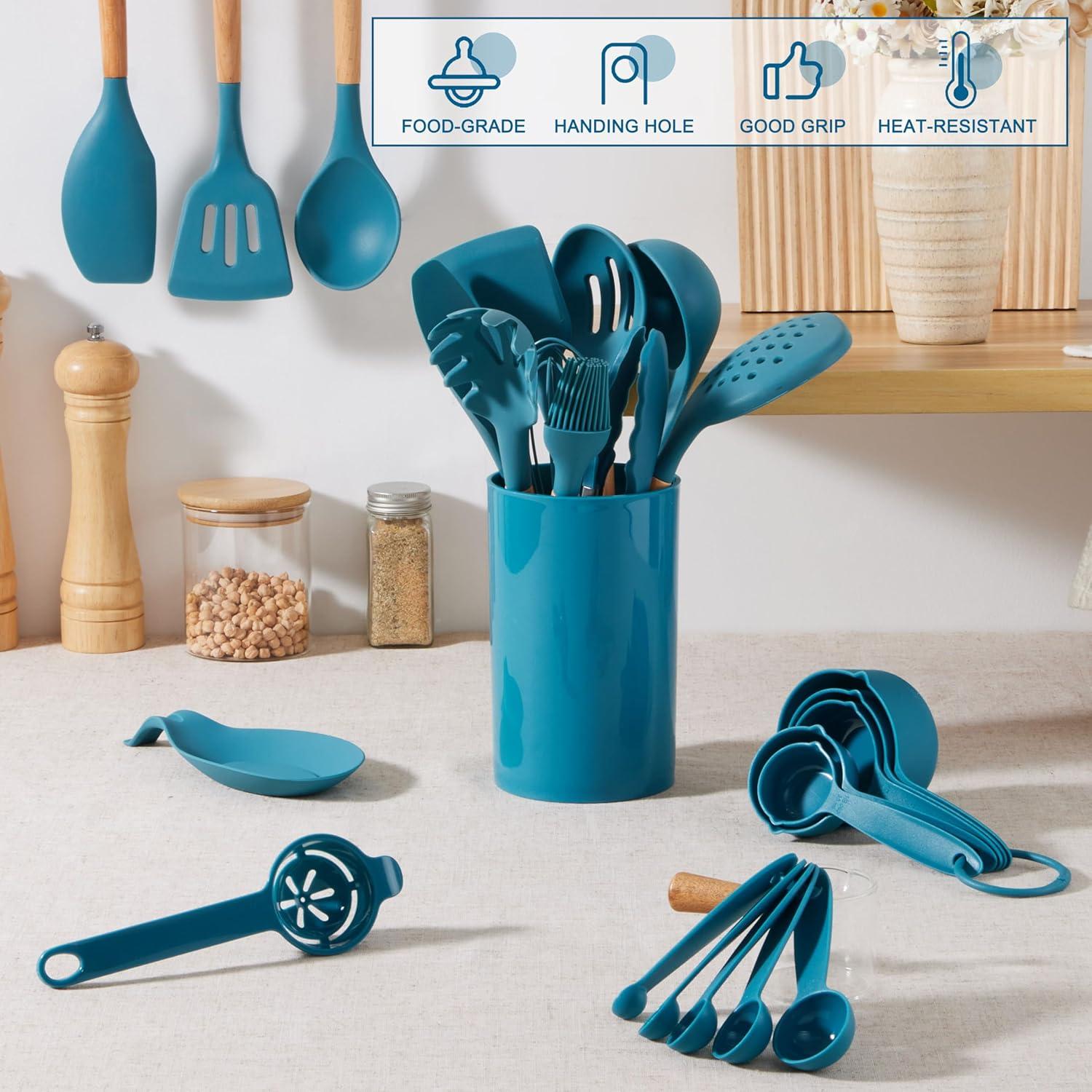 imageEfar Silicone Cooking Utensils Set 10Piece Heat Resistant Kitchen Utensils Set with Wooden Handle for Nonstick Cookware Kitchen Nonstick Tools Spatula Whisk Tongs Ladle Nontoxic amp HealthyKhakiNavy Blue