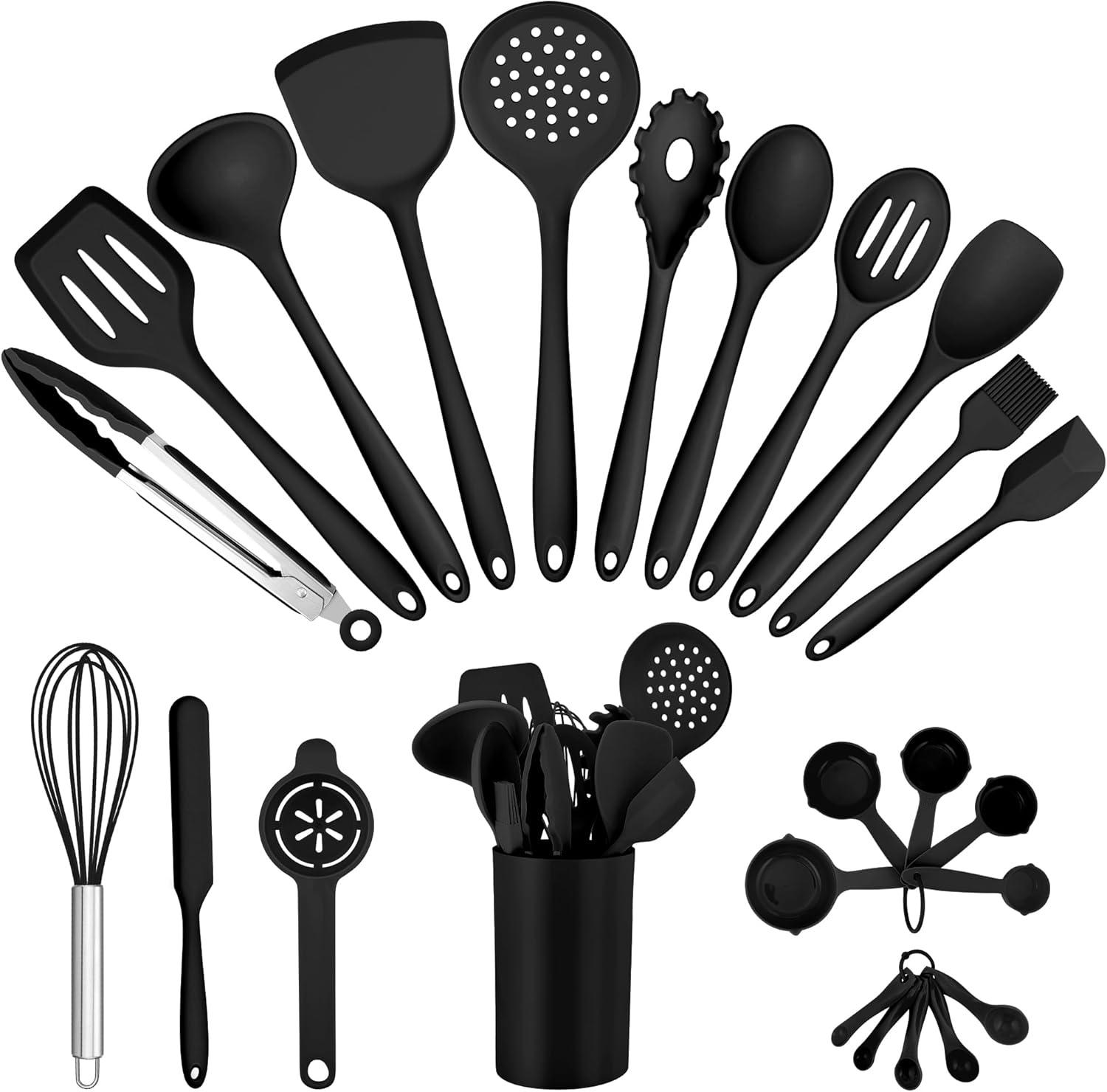 imageEfar Silicone Cooking Utensils Set 25 Piece Kitchen Utensils with Holder Non Toxic Kitchen Tools Spatula Turner Spoon Ladle for Nonstick Cookware Heat Resistant amp Dishwasher Safe BlackBlack