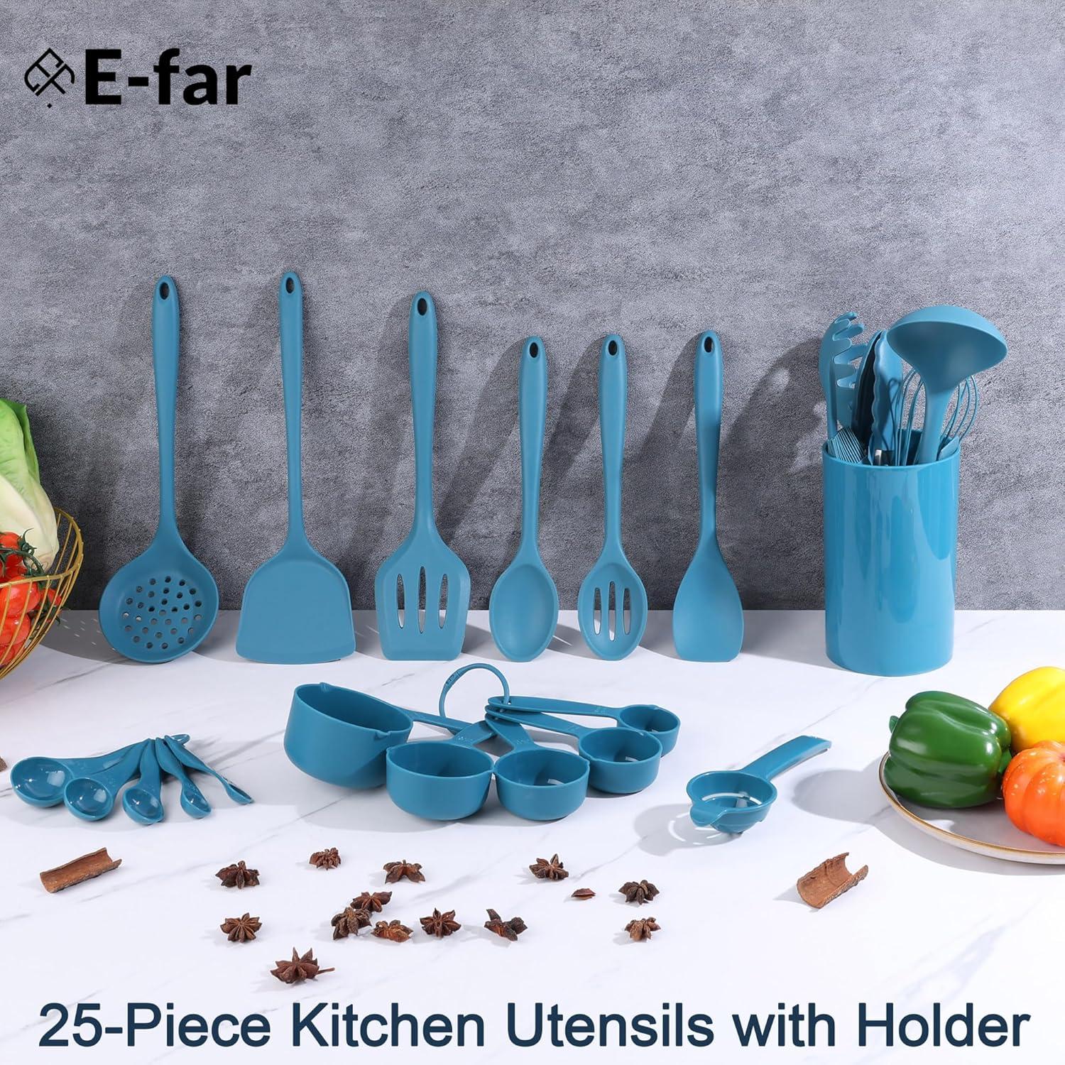 imageEfar Silicone Cooking Utensils Set 25 Piece Kitchen Utensils with Holder Non Toxic Kitchen Tools Spatula Turner Spoon Ladle for Nonstick Cookware Heat Resistant amp Dishwasher Safe BlackBlue