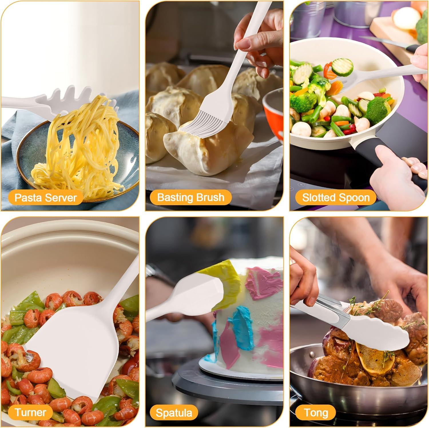 imageEfar Silicone Cooking Utensils Set 25 Piece Kitchen Utensils with Holder Non Toxic Kitchen Tools Spatula Turner Spoon Ladle for Nonstick Cookware Heat Resistant amp Dishwasher Safe BlackKhaki