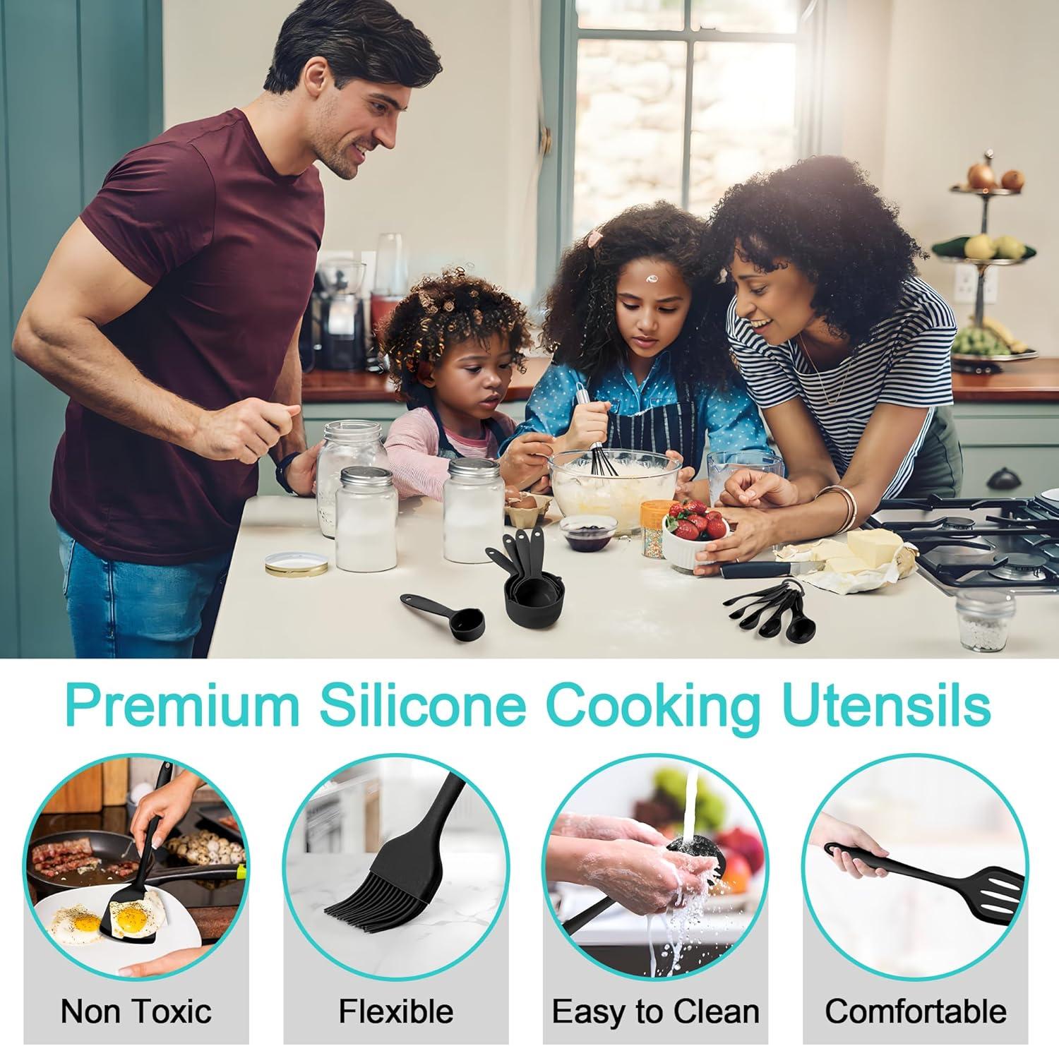 imageEfar Silicone Cooking Utensils Set 25 Piece Kitchen Utensils with Holder Non Toxic Kitchen Tools Spatula Turner Spoon Ladle for Nonstick Cookware Heat Resistant amp Dishwasher Safe BlackBlack