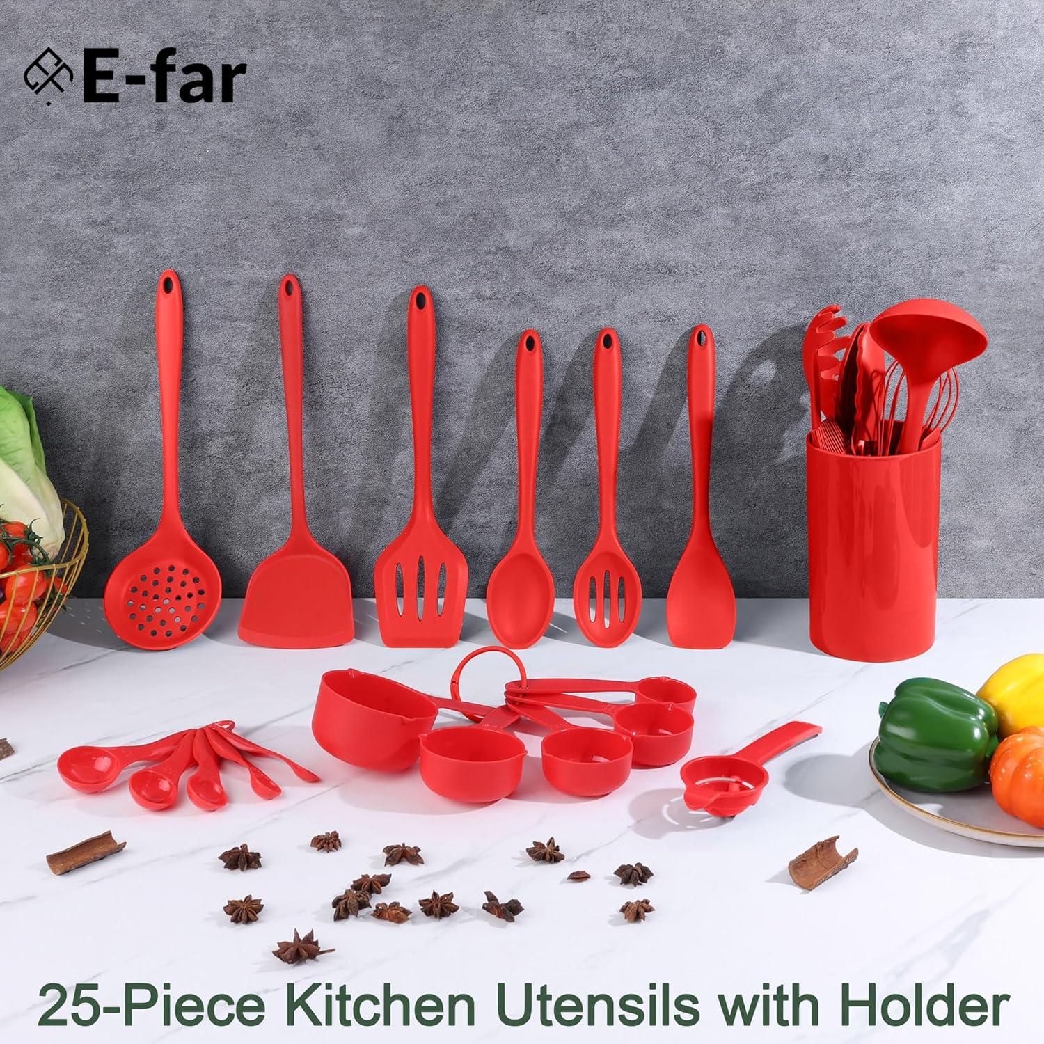 imageEfar Silicone Cooking Utensils Set 25 Piece Kitchen Utensils with Holder Non Toxic Kitchen Tools Spatula Turner Spoon Ladle for Nonstick Cookware Heat Resistant amp Dishwasher Safe BlackRed