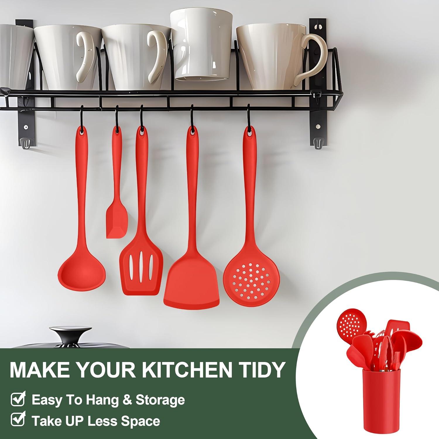 imageEfar Silicone Cooking Utensils Set 25 Piece Kitchen Utensils with Holder Non Toxic Kitchen Tools Spatula Turner Spoon Ladle for Nonstick Cookware Heat Resistant amp Dishwasher Safe BlackRed