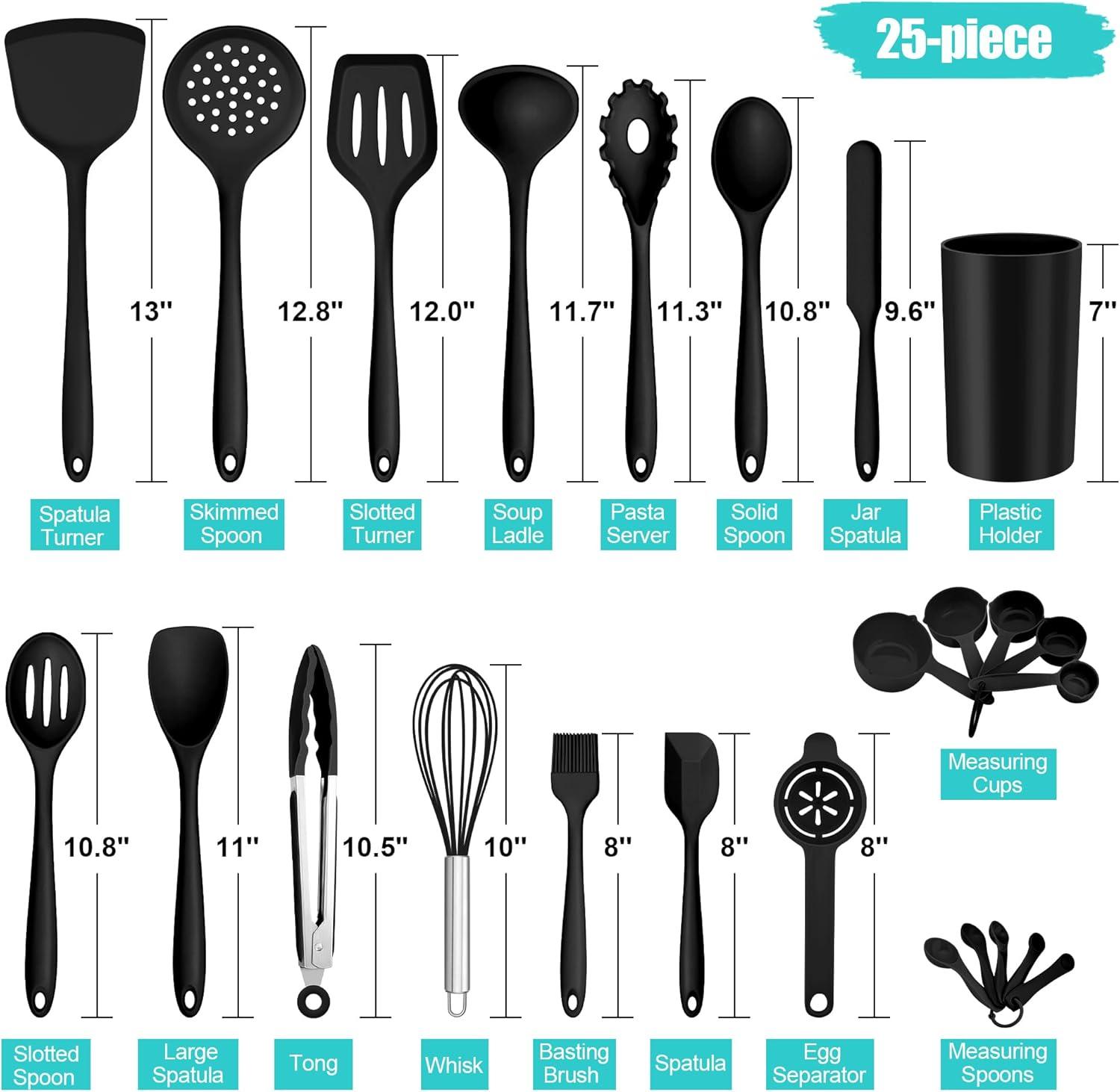 imageEfar Silicone Cooking Utensils Set 25 Piece Kitchen Utensils with Holder Non Toxic Kitchen Tools Spatula Turner Spoon Ladle for Nonstick Cookware Heat Resistant amp Dishwasher Safe BlackBlack