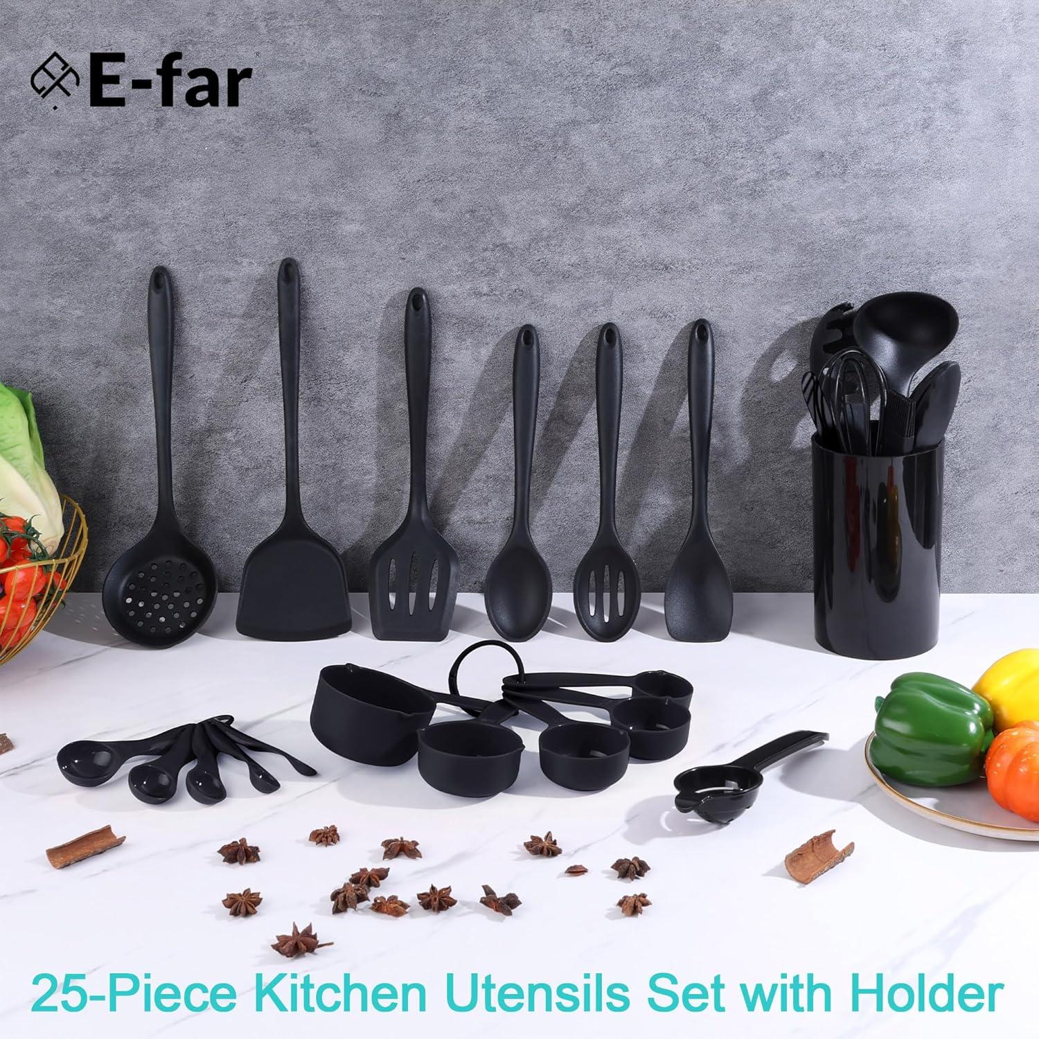 imageEfar Silicone Cooking Utensils Set 25 Piece Kitchen Utensils with Holder Non Toxic Kitchen Tools Spatula Turner Spoon Ladle for Nonstick Cookware Heat Resistant amp Dishwasher Safe BlackBlack