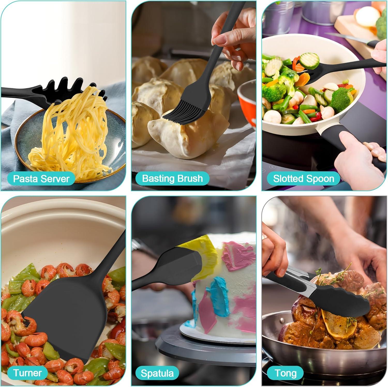 imageEfar Silicone Cooking Utensils Set 25 Piece Kitchen Utensils with Holder Non Toxic Kitchen Tools Spatula Turner Spoon Ladle for Nonstick Cookware Heat Resistant amp Dishwasher Safe BlackBlack